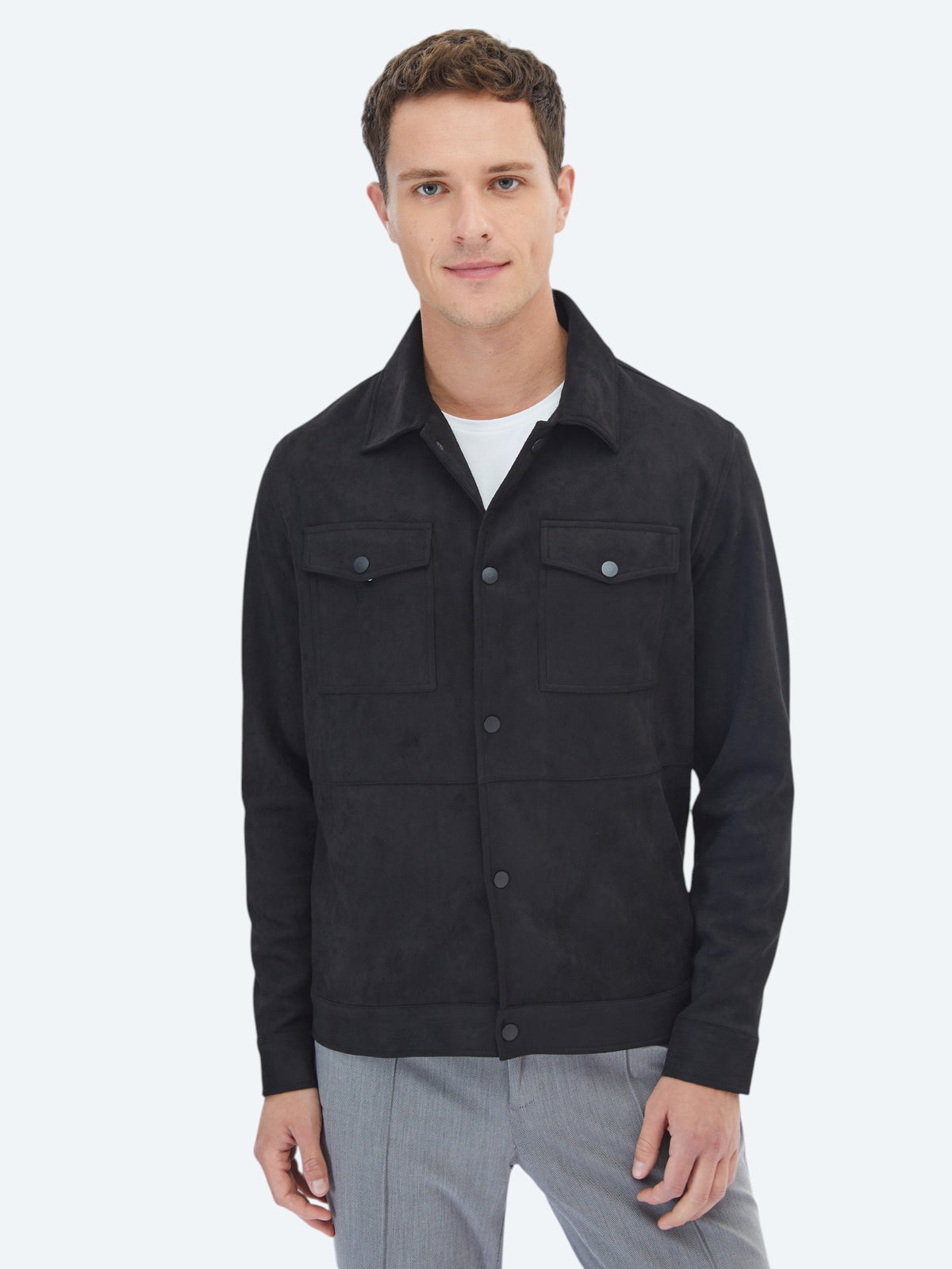 Siyah Regular Fit Gömlek Yaka Casual Dokuma Mont