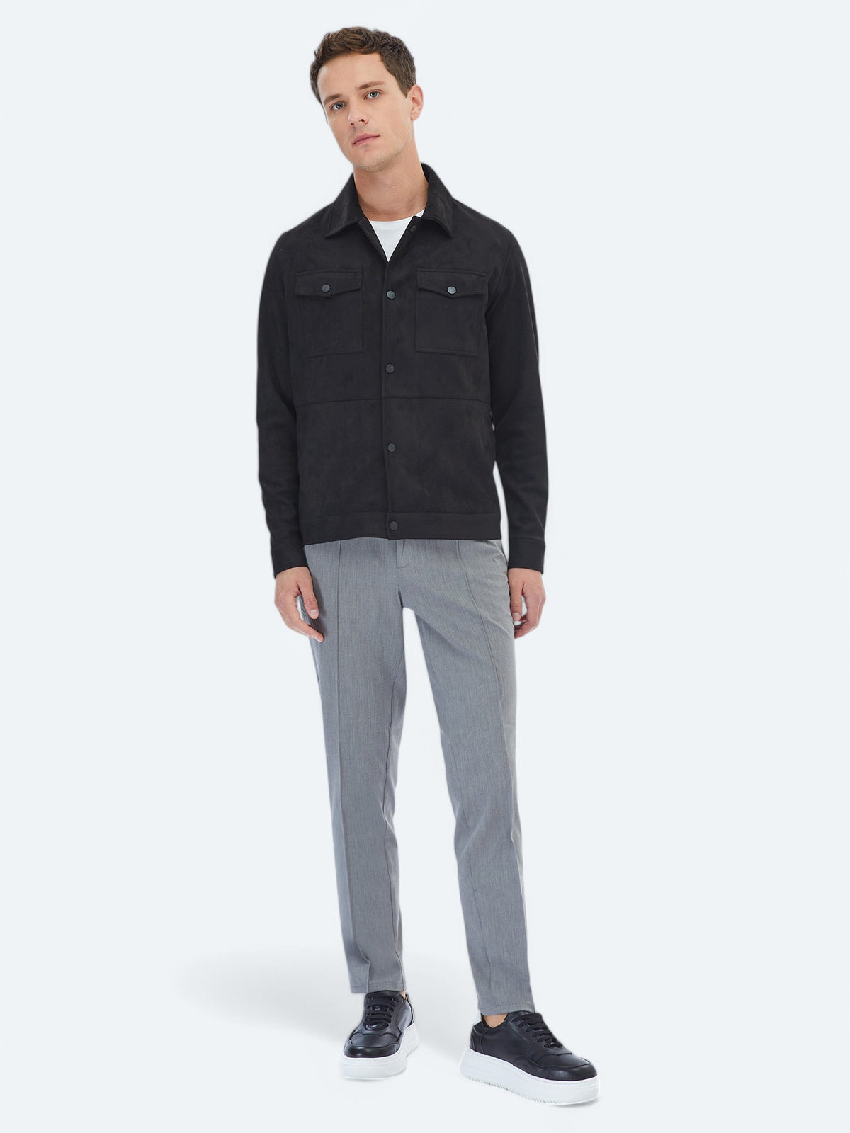 Siyah Regular Fit Gömlek Yaka Casual Dokuma Mont