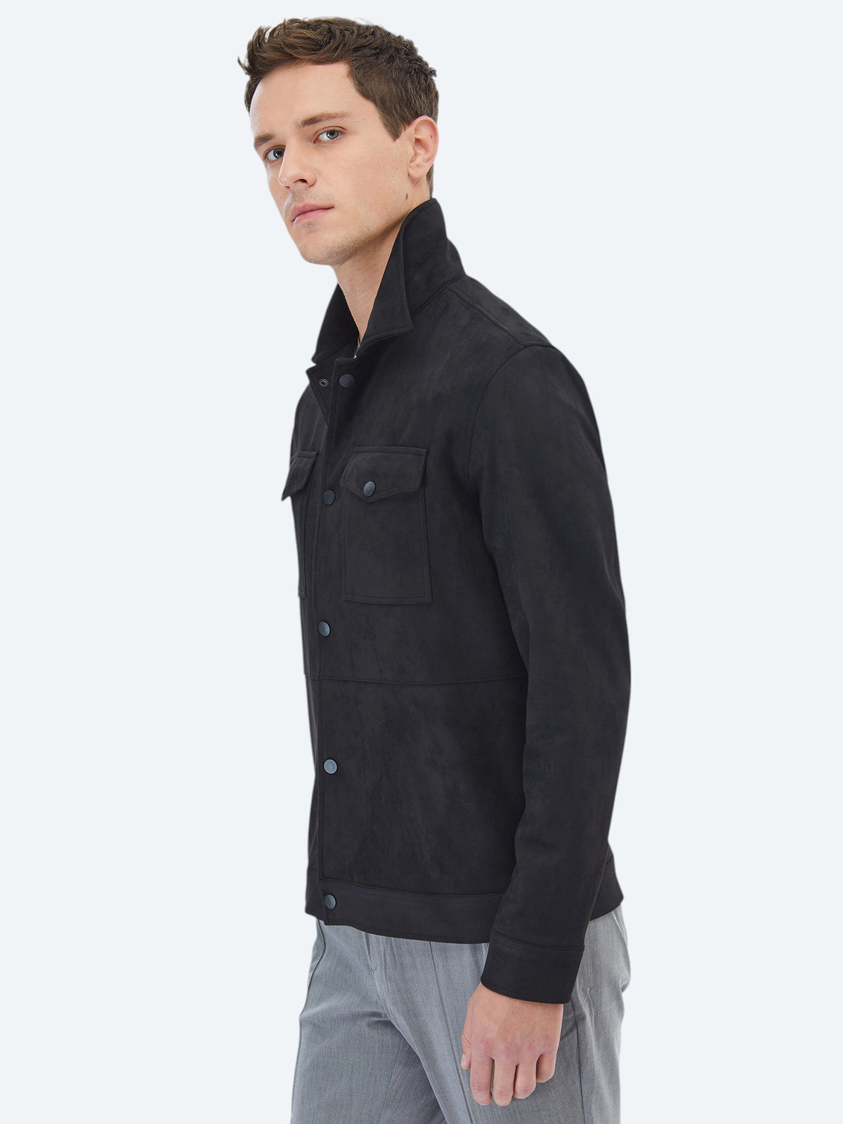 Siyah Regular Fit Gömlek Yaka Casual Dokuma Mont
