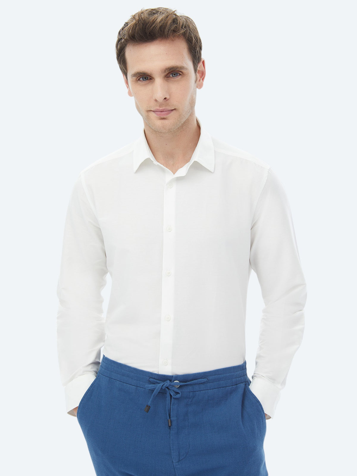 Ekru Düz Regular Fit Uzun Dokuma Casual Pamuk Karışımlı Gömlek