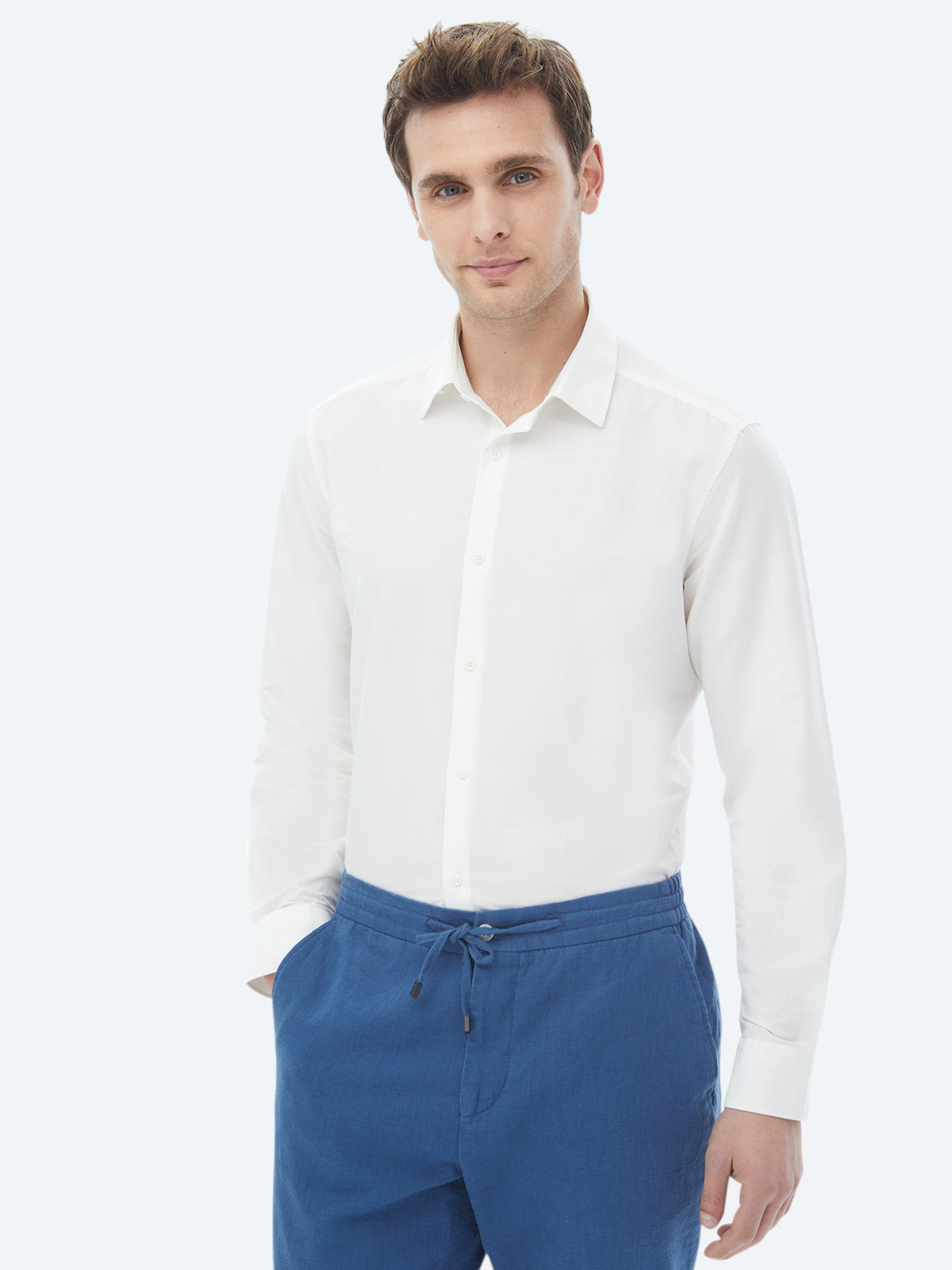 Ekru Düz Regular Fit Uzun Dokuma Casual Pamuk Karışımlı Gömlek
