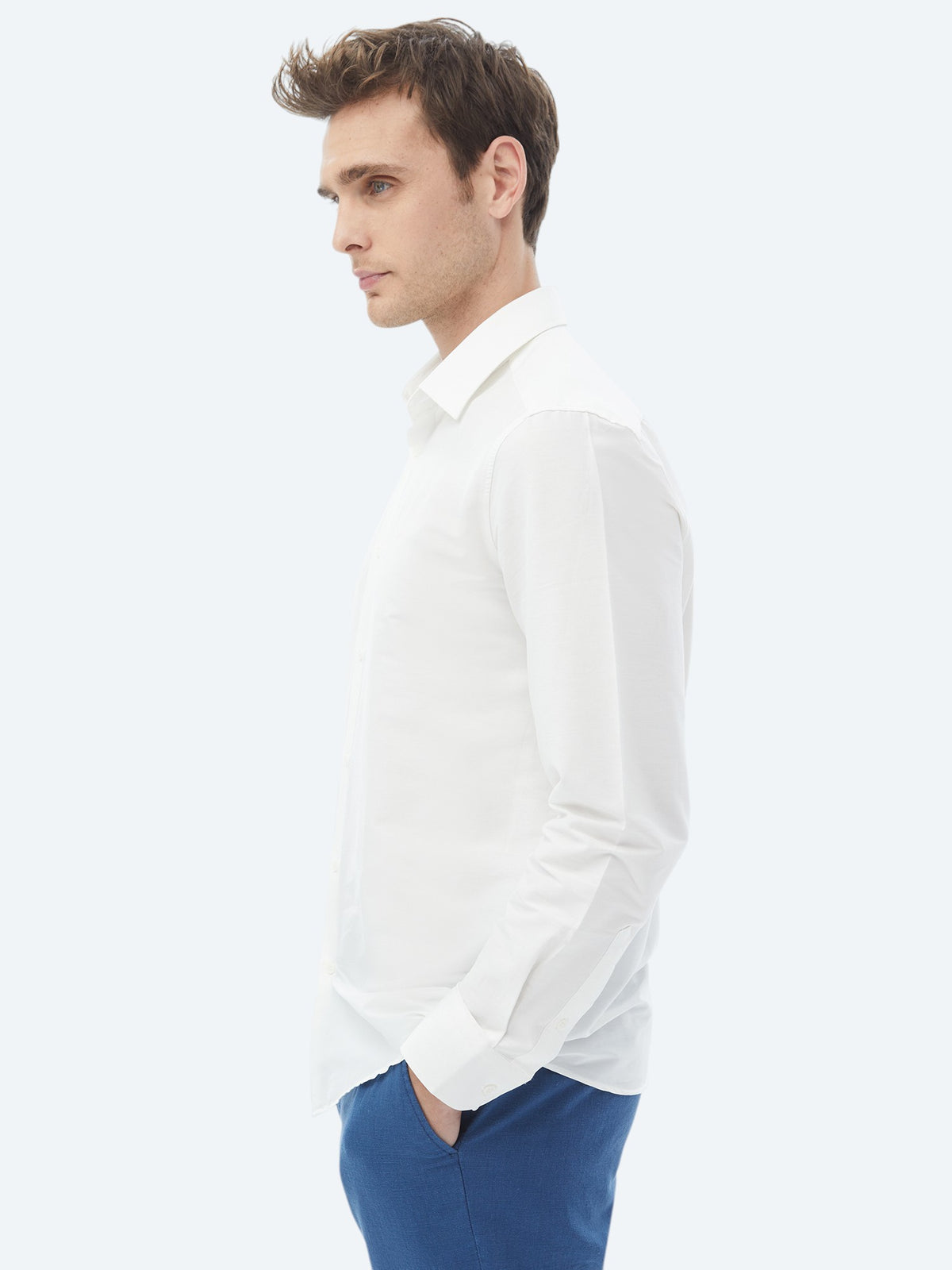 Ekru Düz Regular Fit Uzun Dokuma Casual Pamuk Karışımlı Gömlek