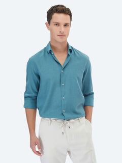 Koyu Mint Düz Regular Fit Uzun Dokuma Casual Pamuk Karışımlı Gömlek