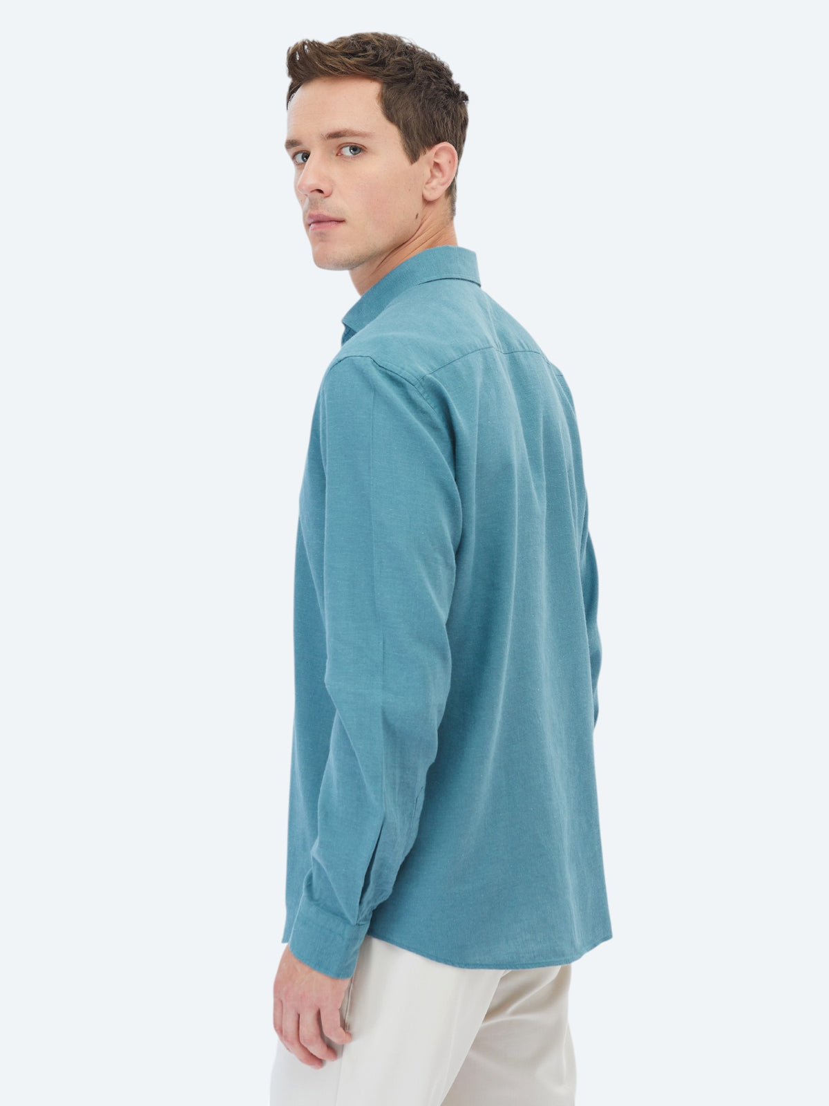 Koyu Mint Düz Regular Fit Uzun Dokuma Casual Pamuk Karışımlı Gömlek