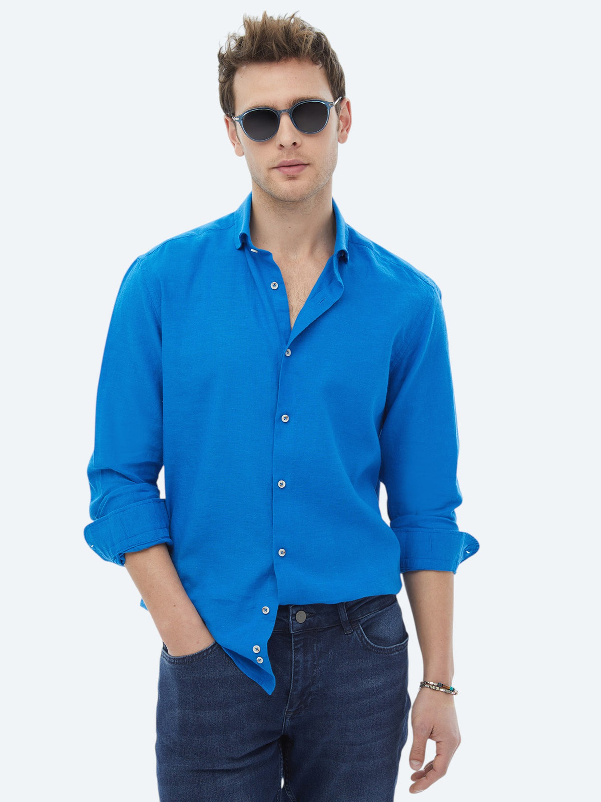 Saks Düz Regular Fit Uzun Dokuma Casual Pamuk Karışımlı Gömlek