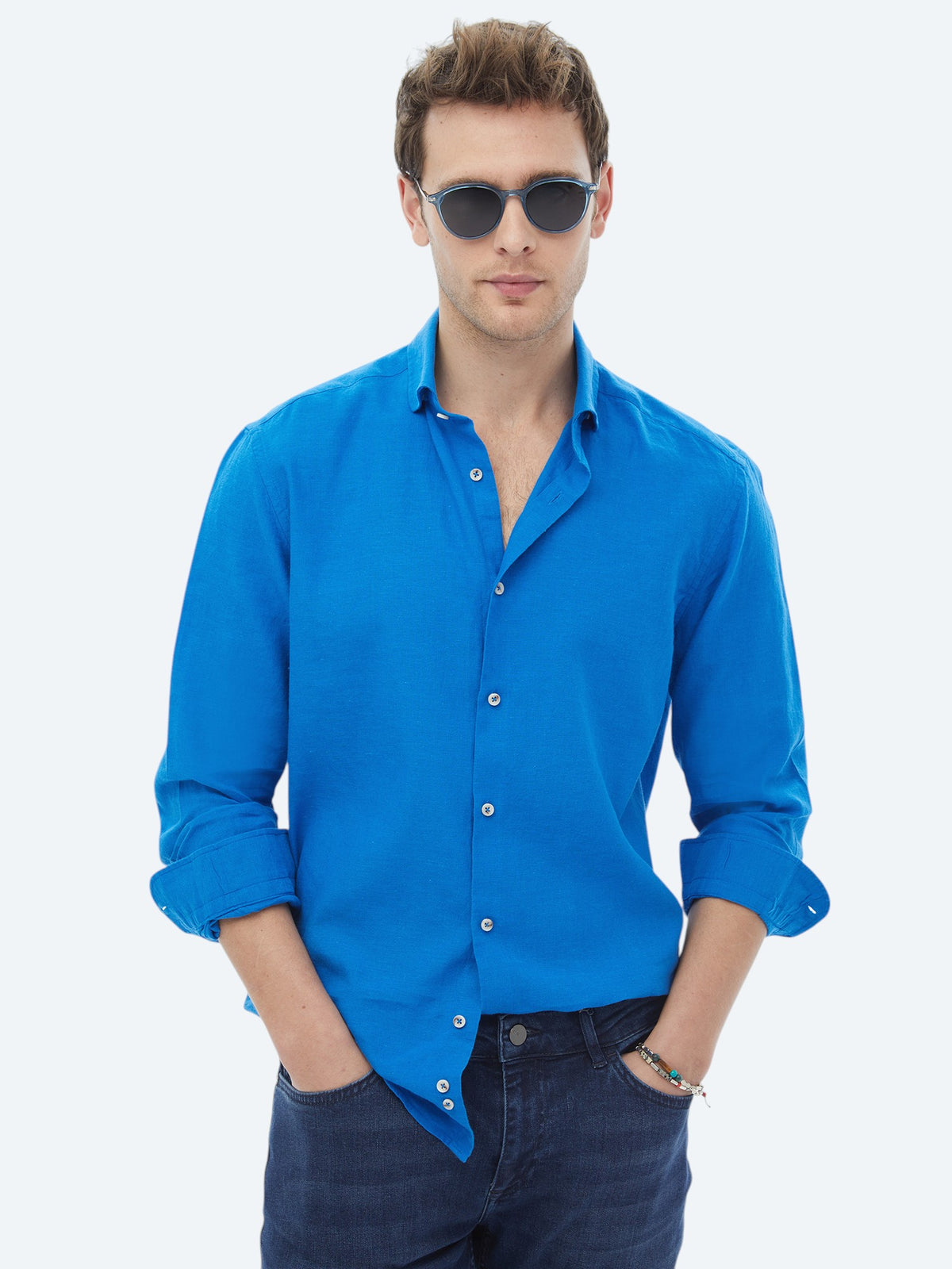 Saks Düz Regular Fit Uzun Dokuma Casual Pamuk Karışımlı Gömlek