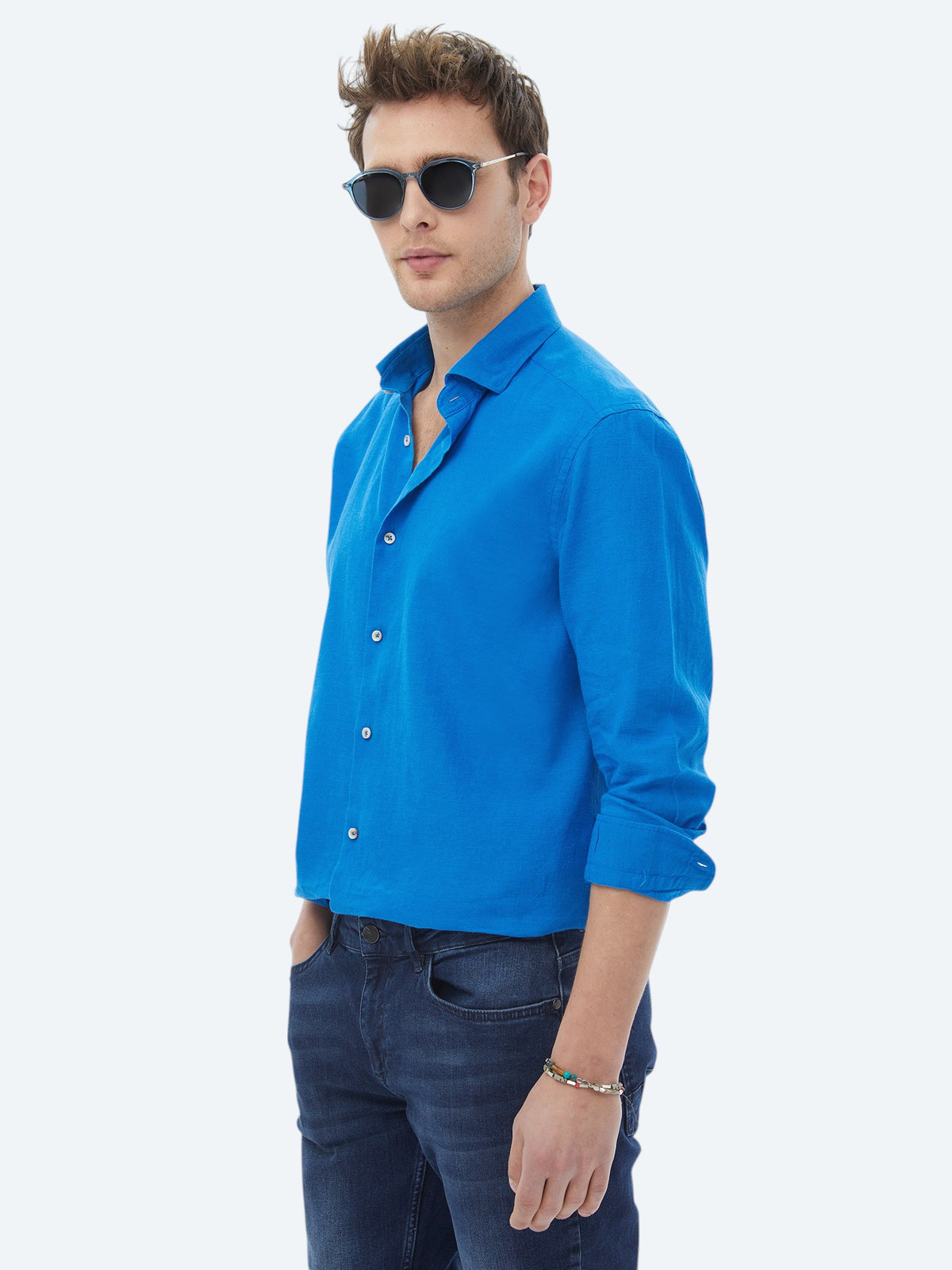 Saks Düz Regular Fit Uzun Dokuma Casual Pamuk Karışımlı Gömlek