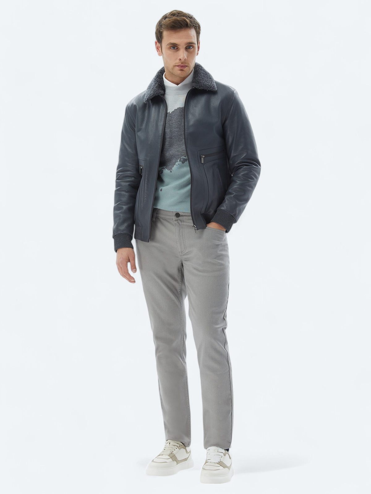 Gri Regular Fit Smart Casual Koyun Derisi Deri Mont