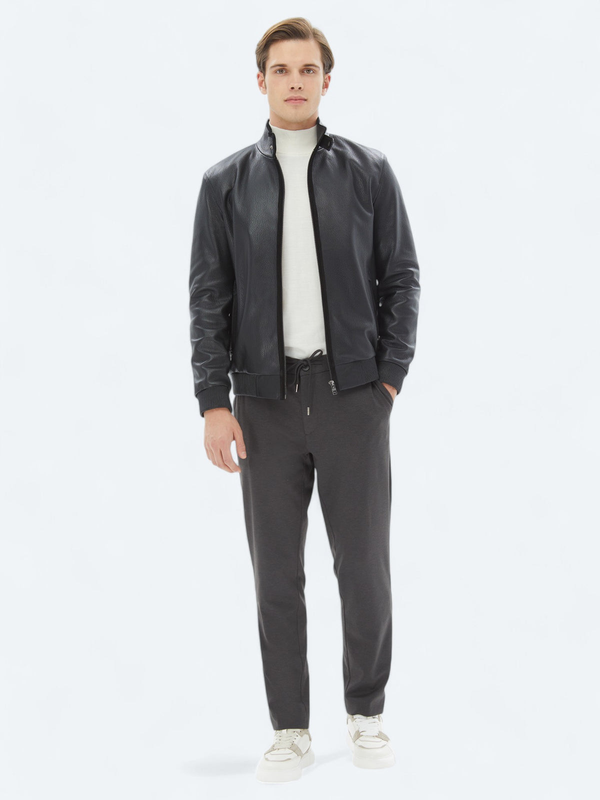 Siyah Regular Fit Dik Yaka Smart Casual Koyun Derisi Deri Mont