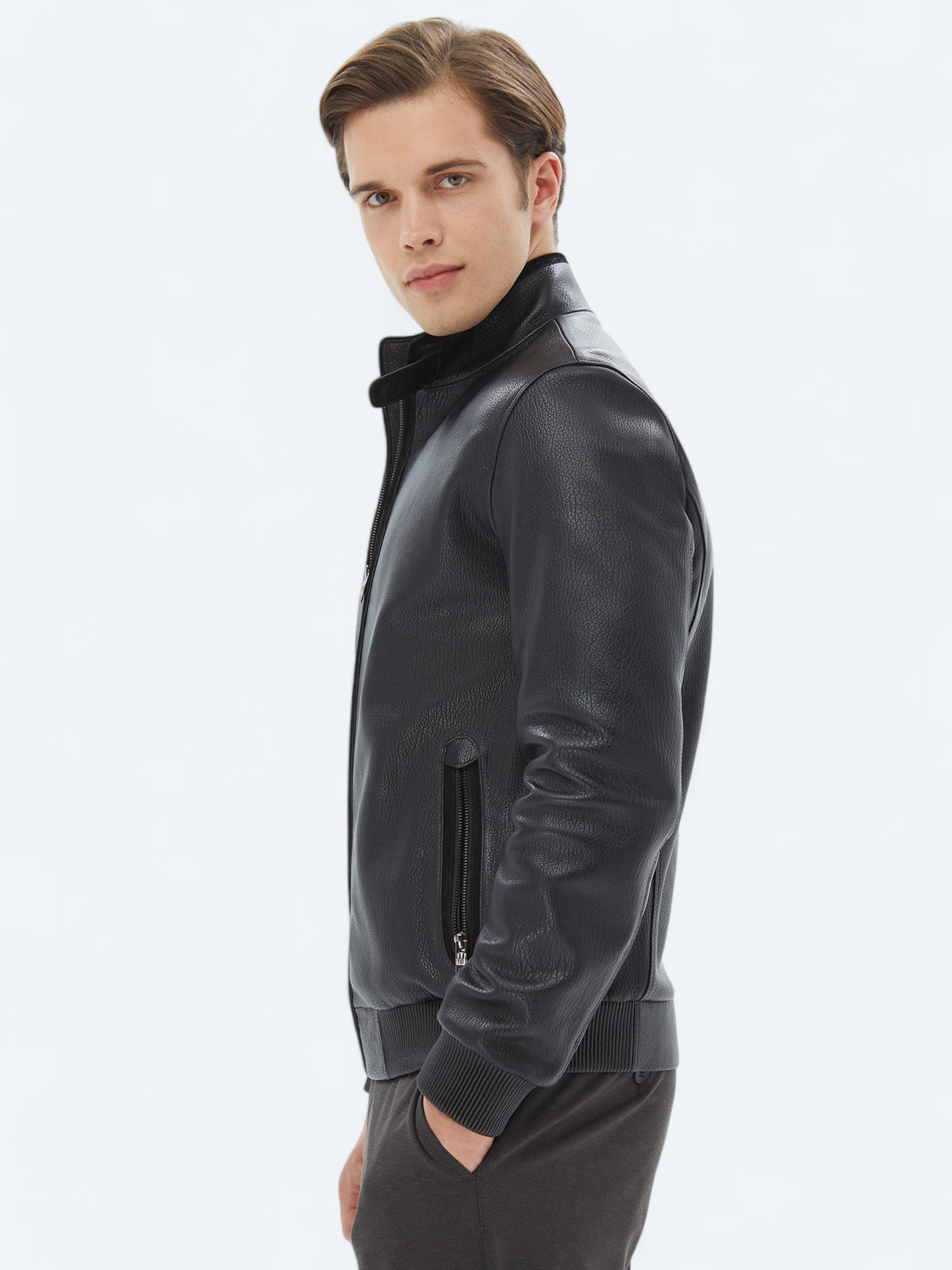 Siyah Regular Fit Dik Yaka Smart Casual Koyun Derisi Deri Mont