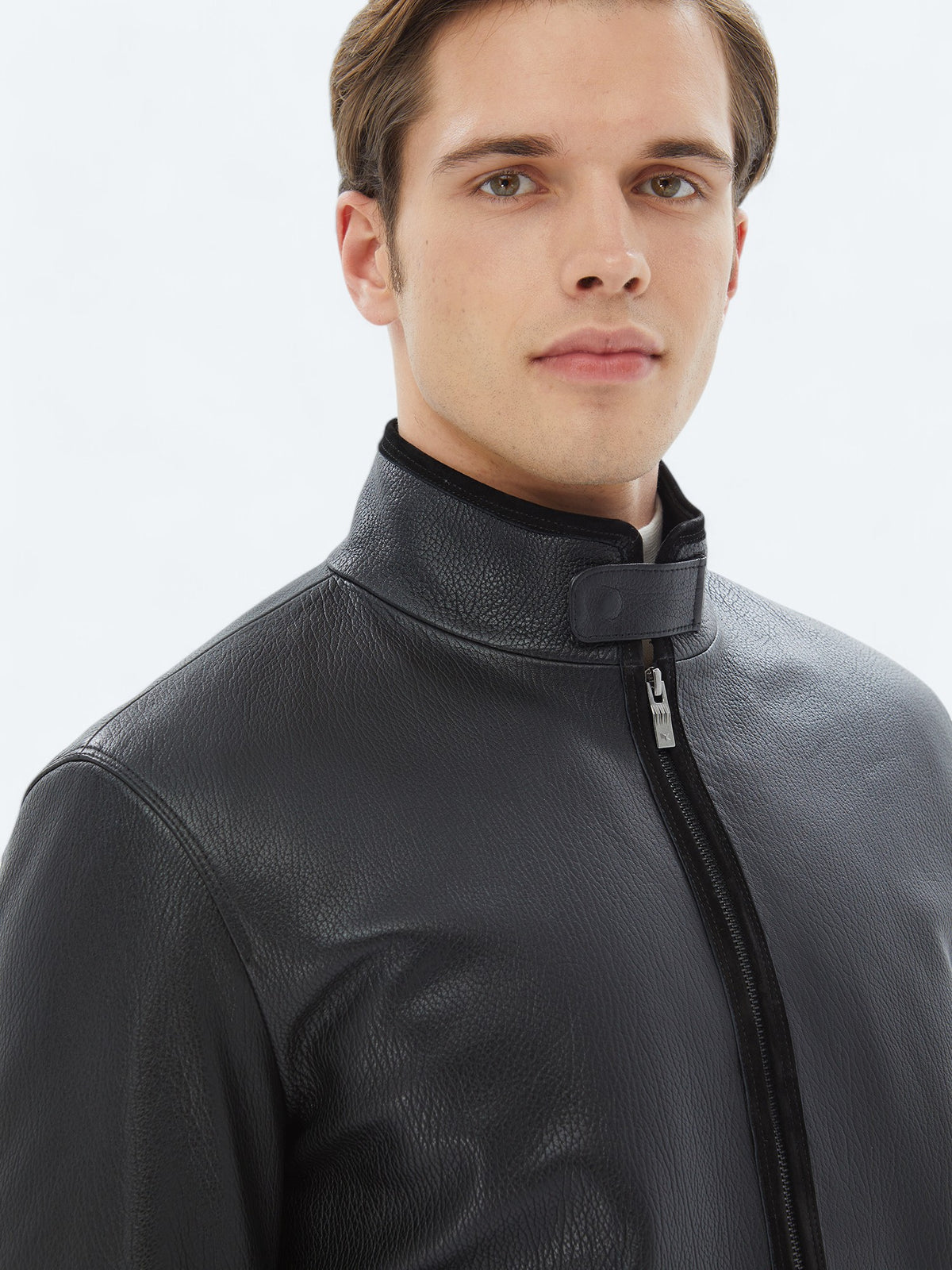 Siyah Regular Fit Dik Yaka Smart Casual Koyun Derisi Deri Mont