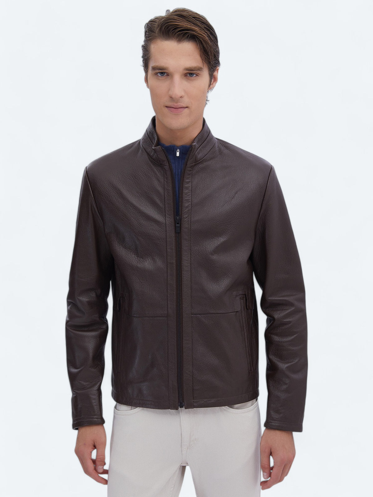 Fındık Regular Fit Dik Yaka Smart Casual Koyun Derisi Deri Mont