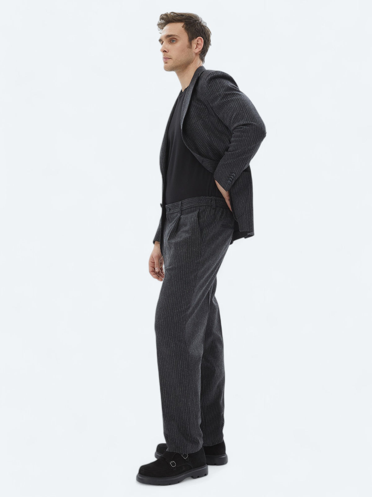 Antrasit Çizgili Modern Fit Yün Karışımlı Takım Elbise