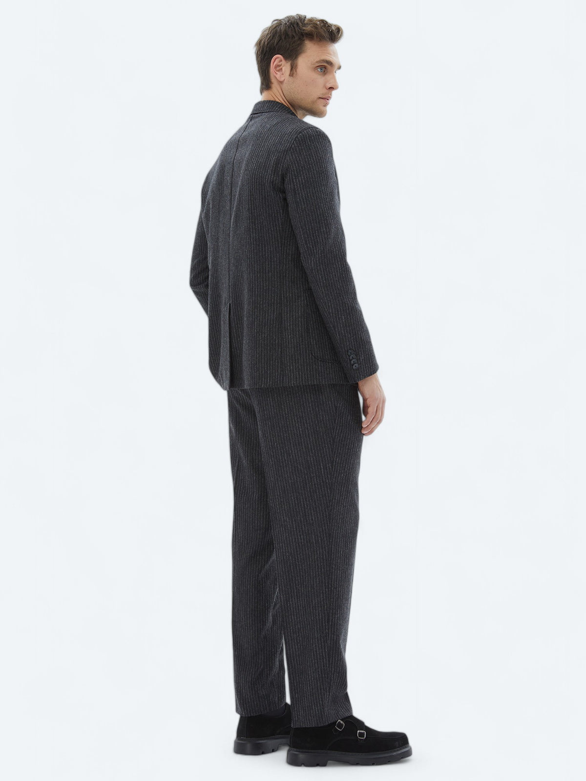 Antrasit Çizgili Modern Fit Yün Karışımlı Takım Elbise