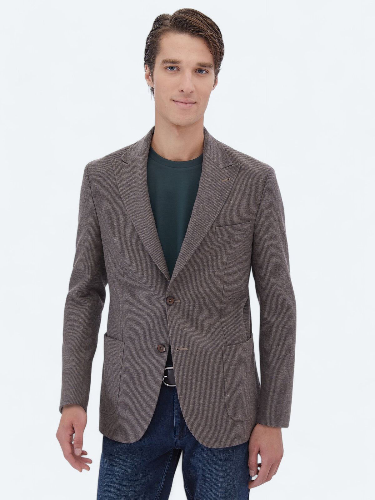 Vizon Çizgili Modern Fit Yün Karışımlı Ceket