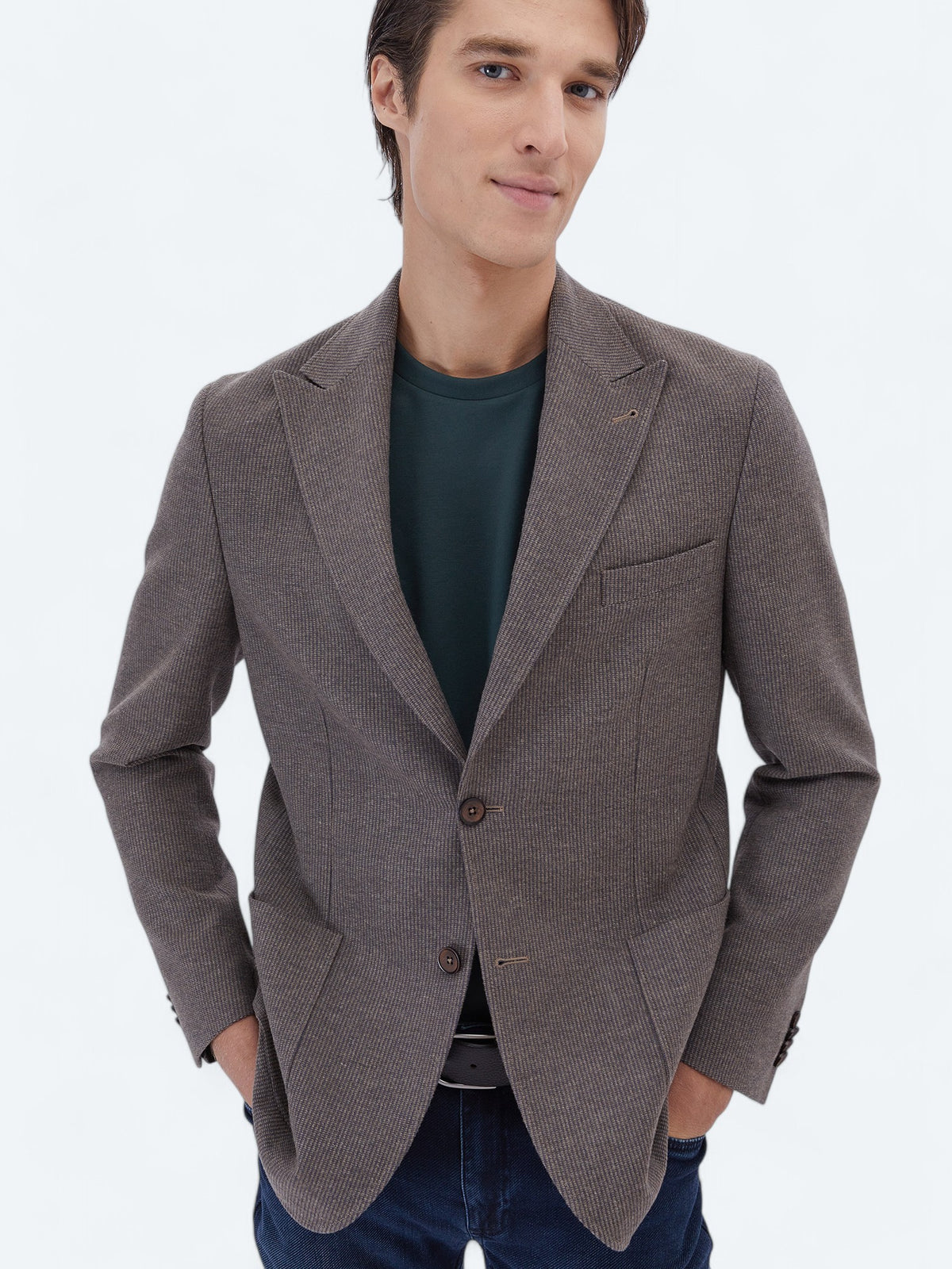 Vizon Çizgili Modern Fit Yün Karışımlı Ceket