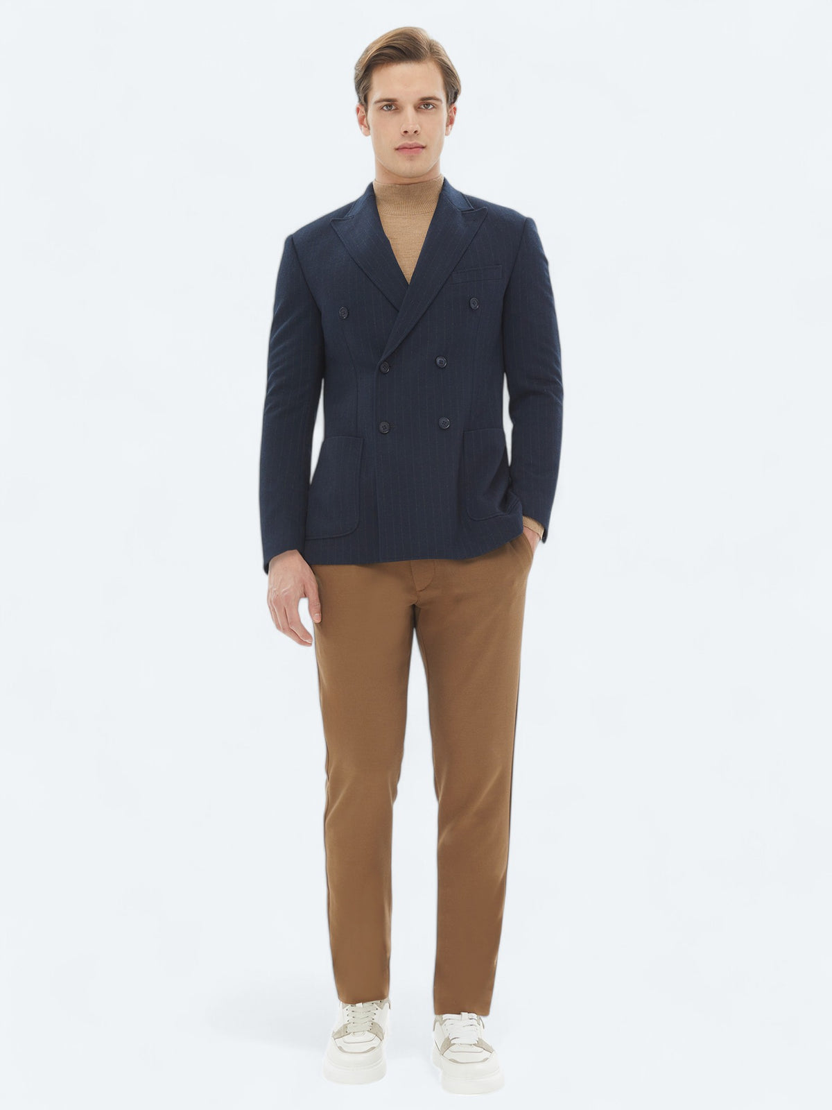 Lacivert Çizgili Modern Fit Örme Ceket