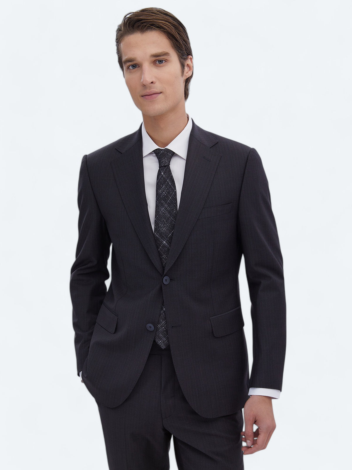 Lacivert Desenli Modern Fit Yün Karışımlı Takım Elbise