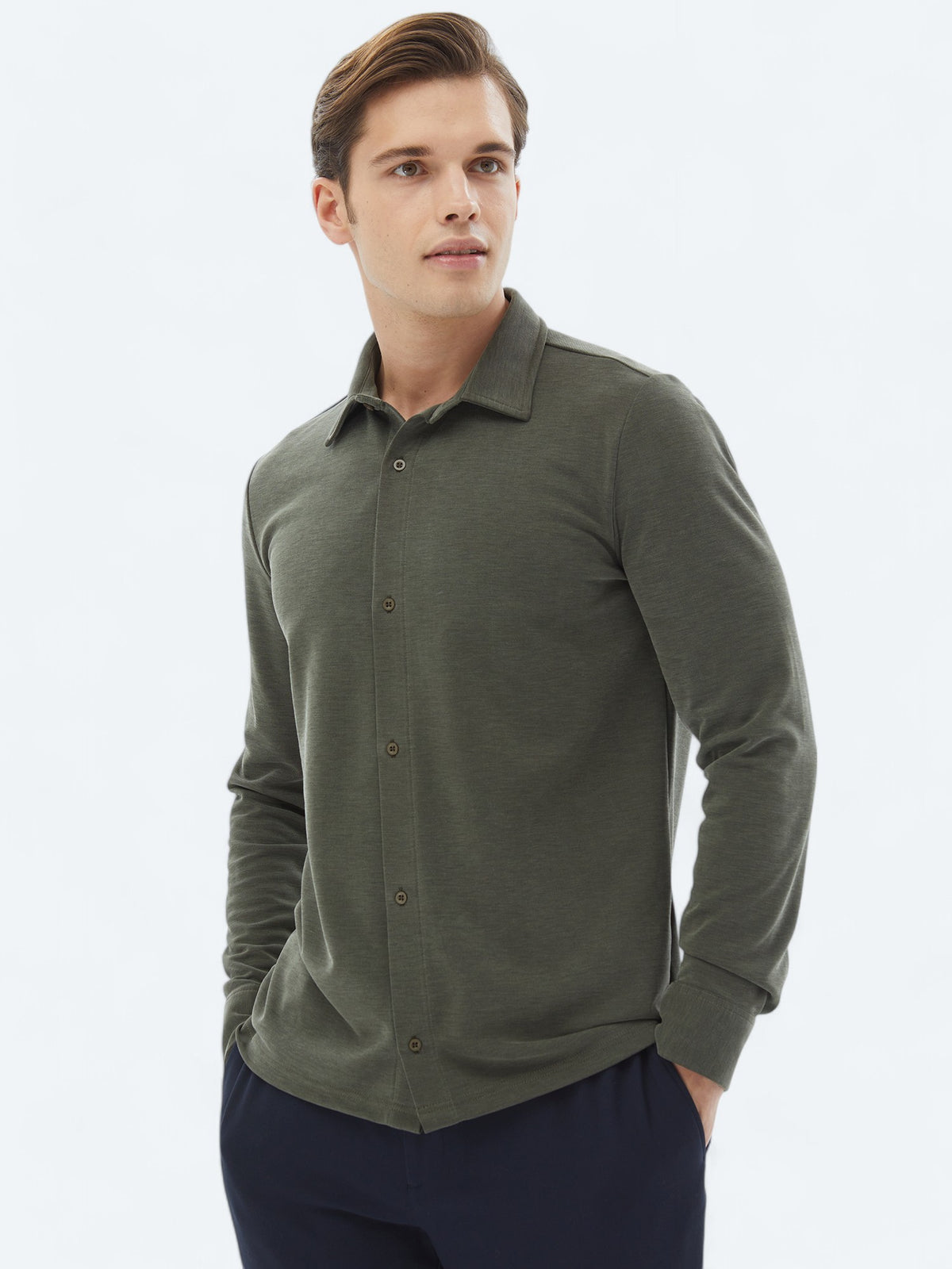 Haki Düz Regular Fit Uzun Casual Gömlek