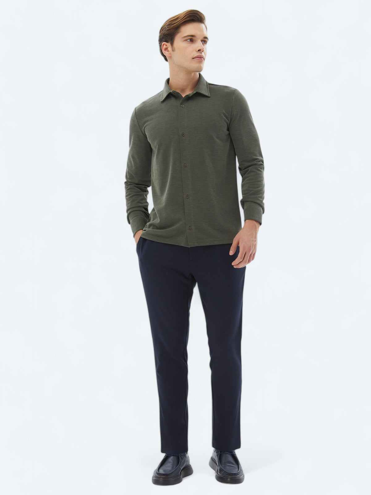 Haki Düz Regular Fit Uzun Casual Gömlek