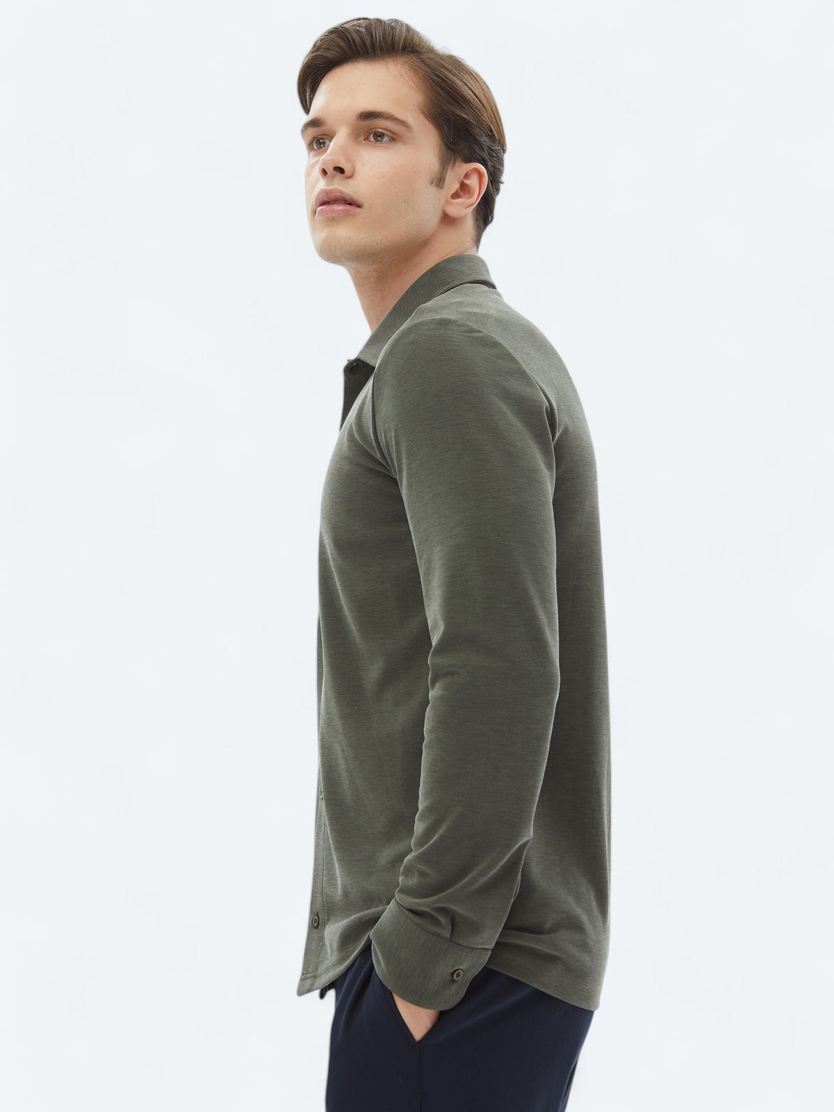 Haki Düz Regular Fit Uzun Casual Gömlek