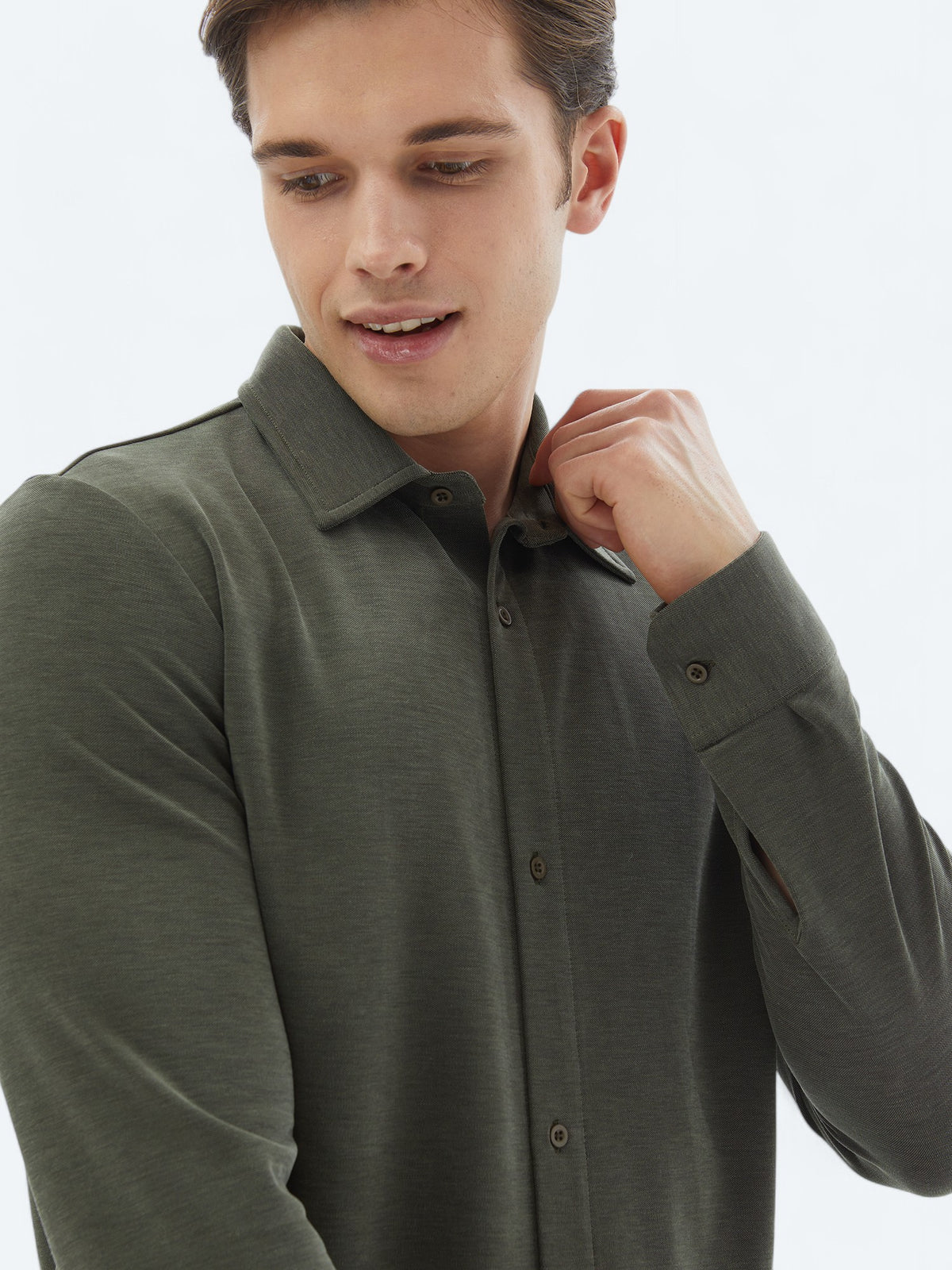 Haki Düz Regular Fit Uzun Casual Gömlek