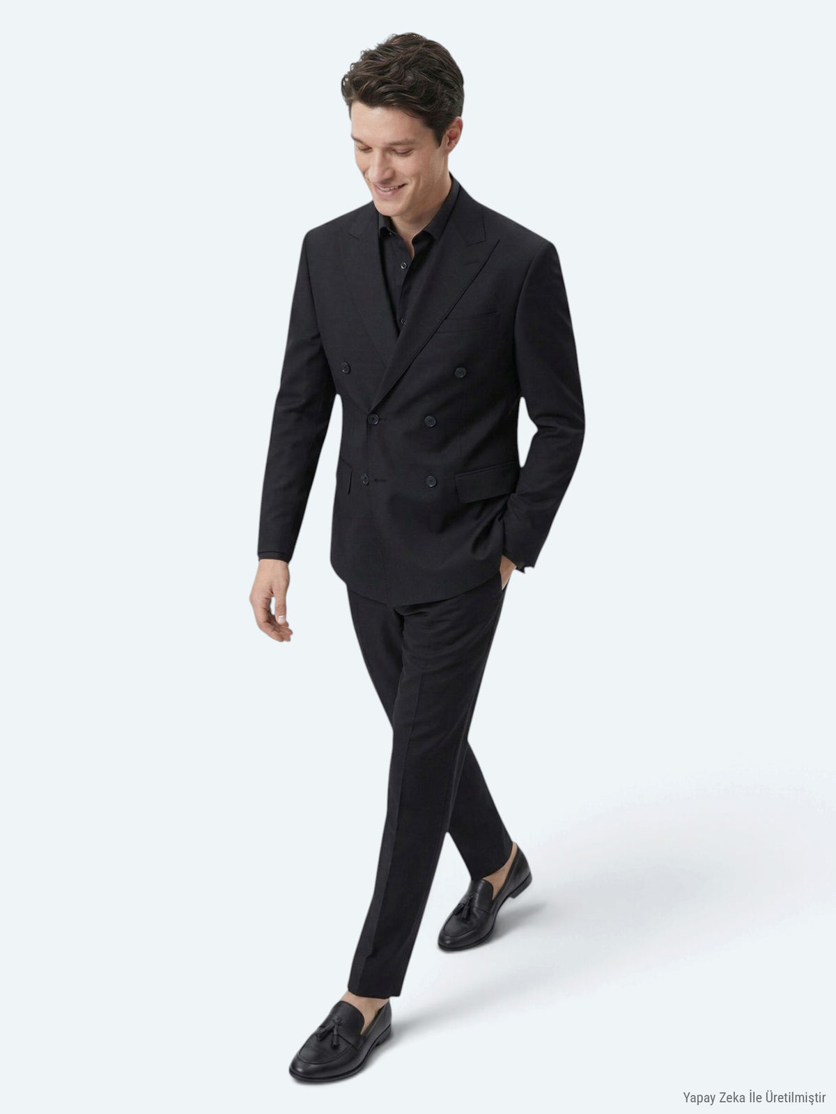 Siyah Düz Modern Fit Yün Karışımlı Takım Elbise