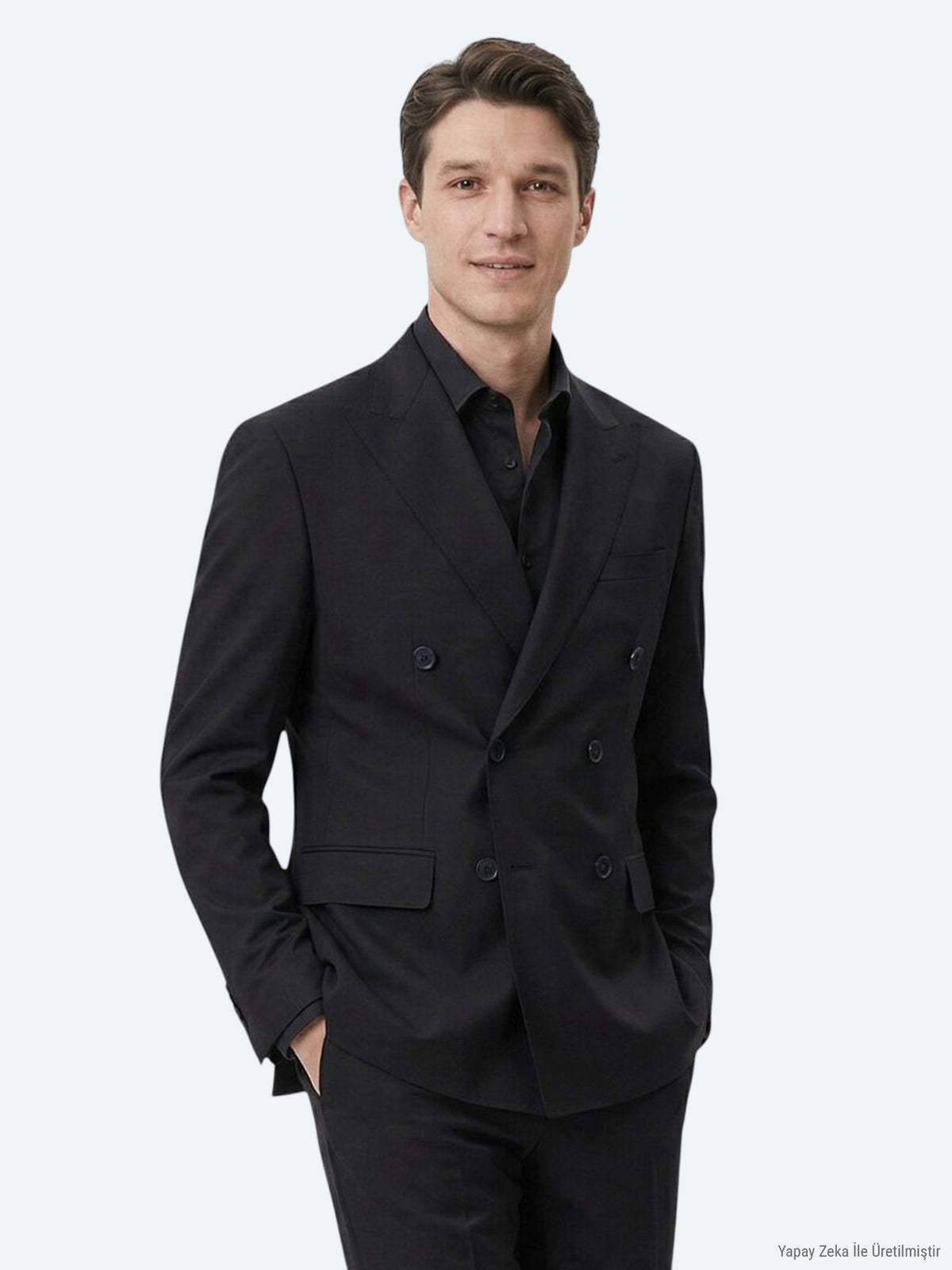 Siyah Düz Modern Fit Yün Karışımlı Takım Elbise