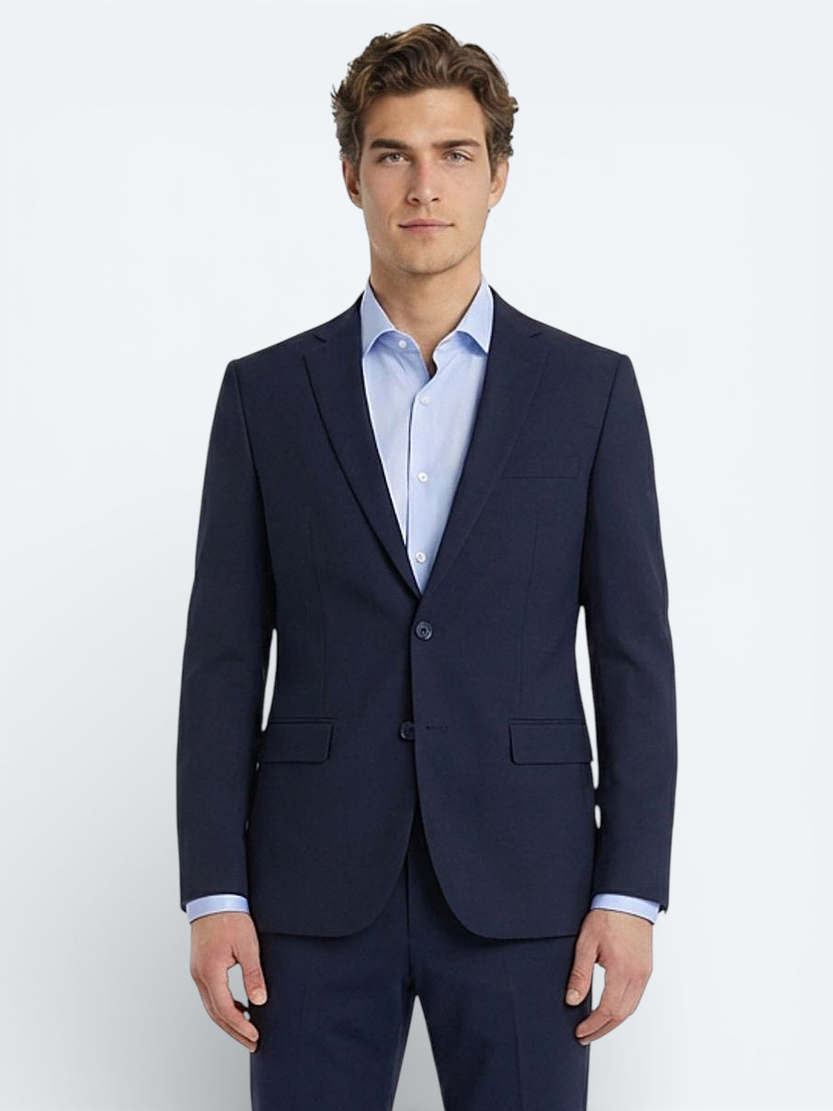 Lacivert Düz Slim Fit Yün Karışımlı Takım Elbise