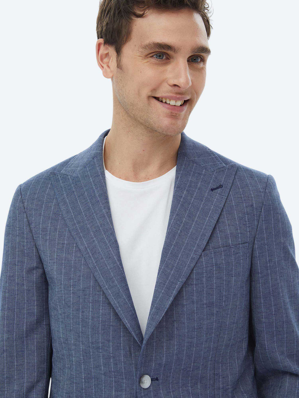 İndigo Çizgili Modern Fit Keten Karışımlı Ceket