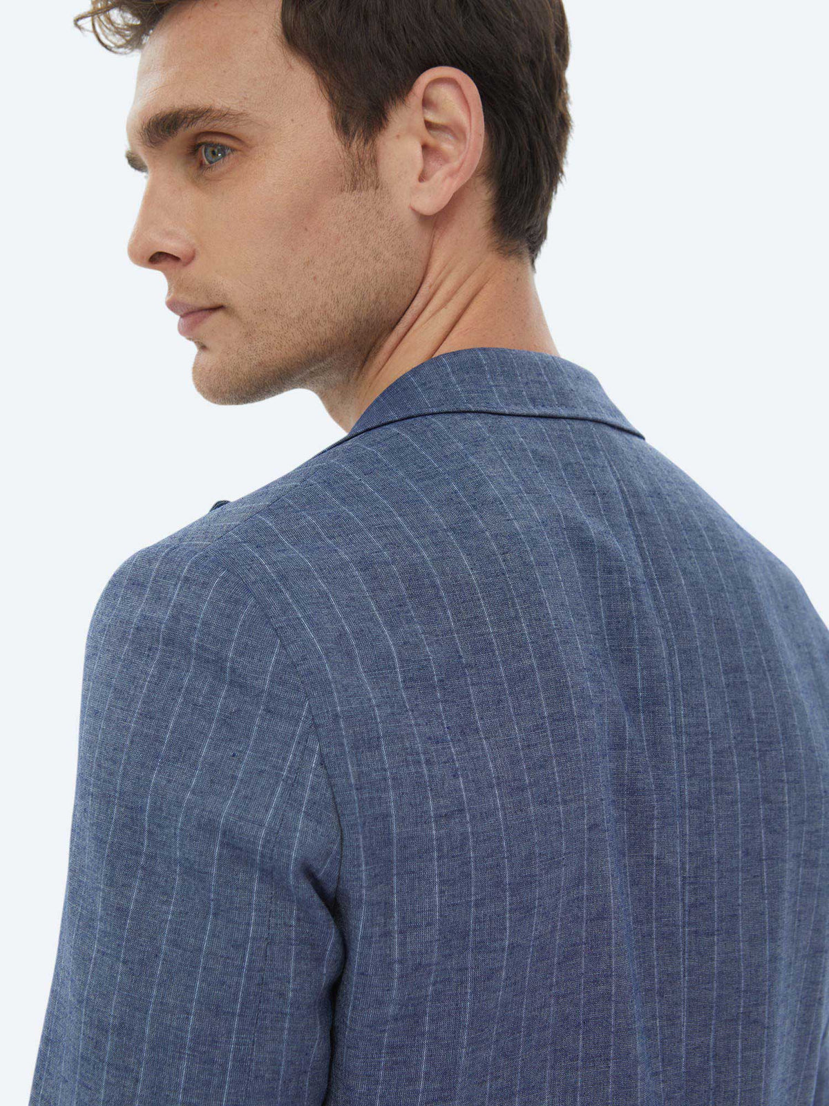 İndigo Çizgili Modern Fit Keten Karışımlı Ceket