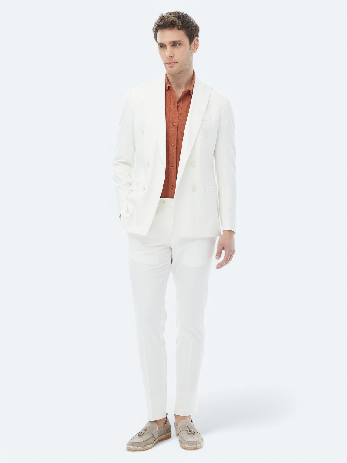 Ekru Düz Slim Fit Takım Elbise