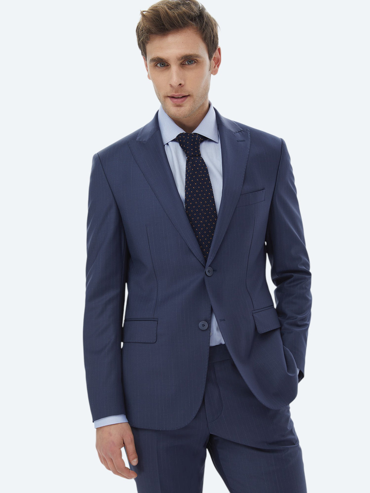 İndigo Çizgili Modern Fit Yün Karışımlı Takım Elbise