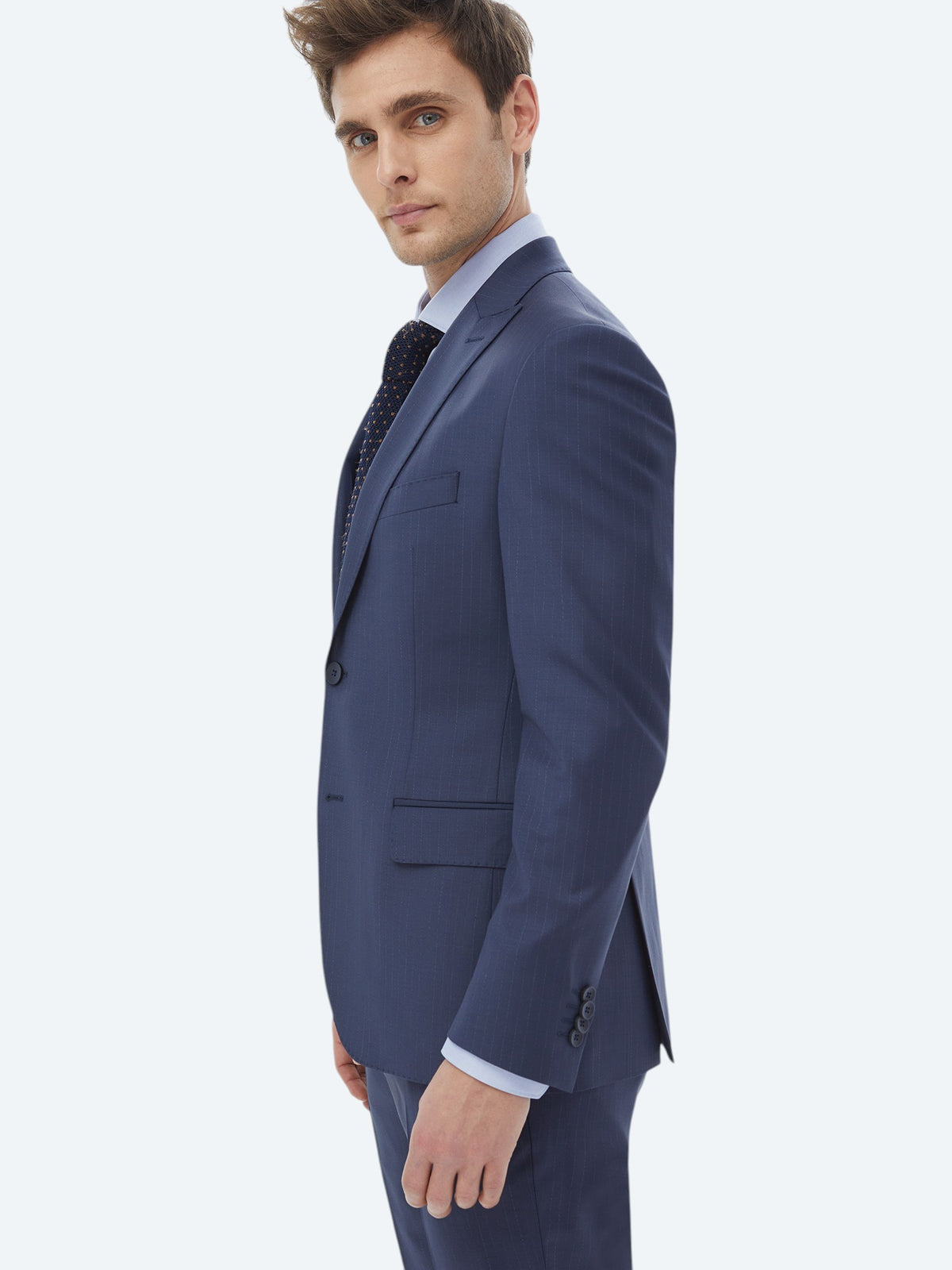 İndigo Çizgili Modern Fit Yün Karışımlı Takım Elbise