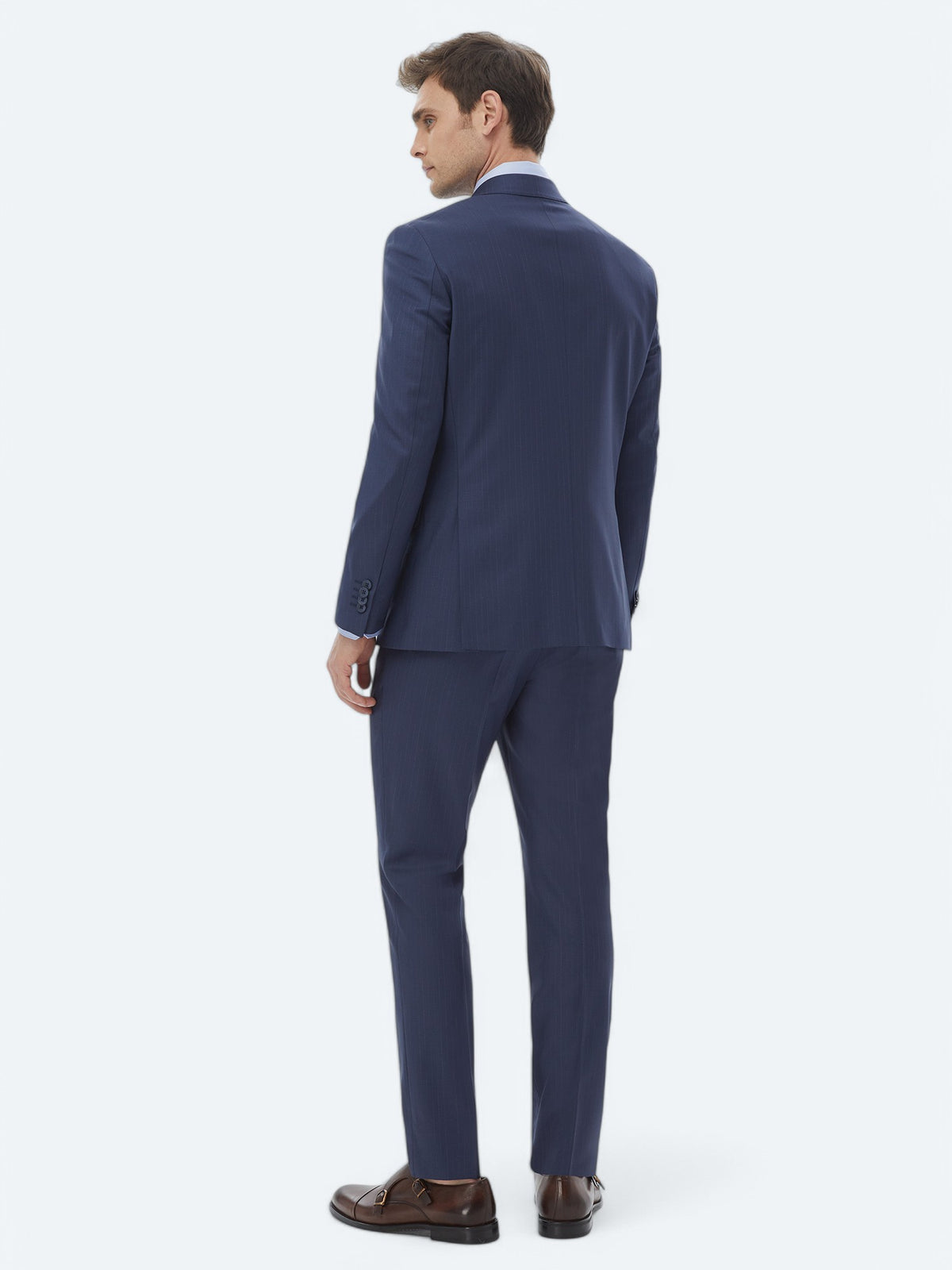İndigo Çizgili Modern Fit Yün Karışımlı Takım Elbise