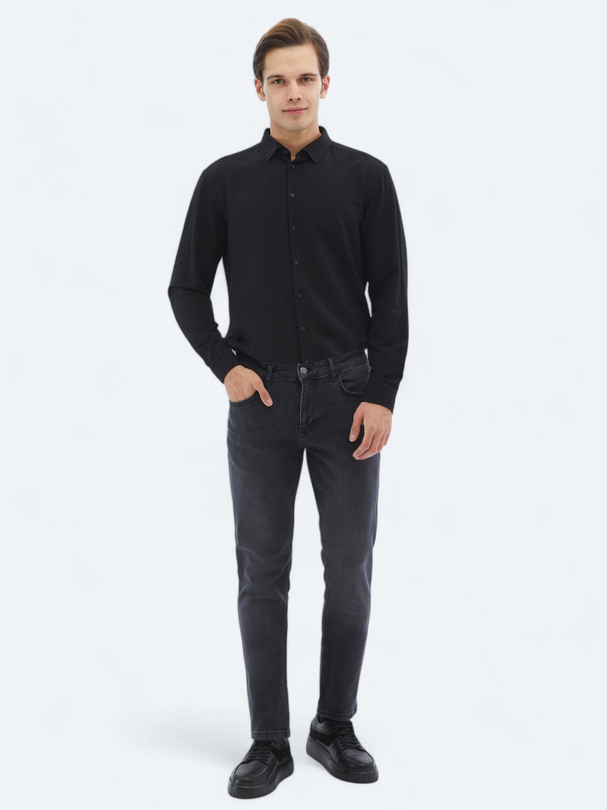 Siyah Regular Fit Uzun Dokuma Casual Gömlek