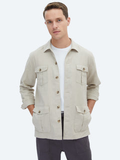 Bej Düz Regular Fit Uzun Dokuma Overshirt