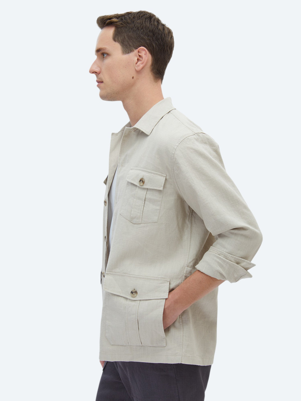 Bej Düz Regular Fit Uzun Dokuma Overshirt