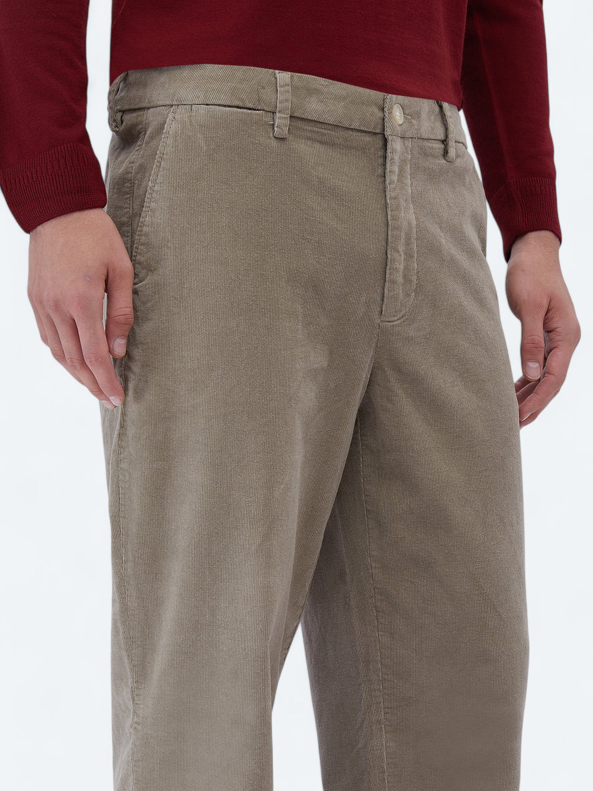 Bej Dokuma Loose Fit Kadife Casual Pamuk Karışımlı Pantolon