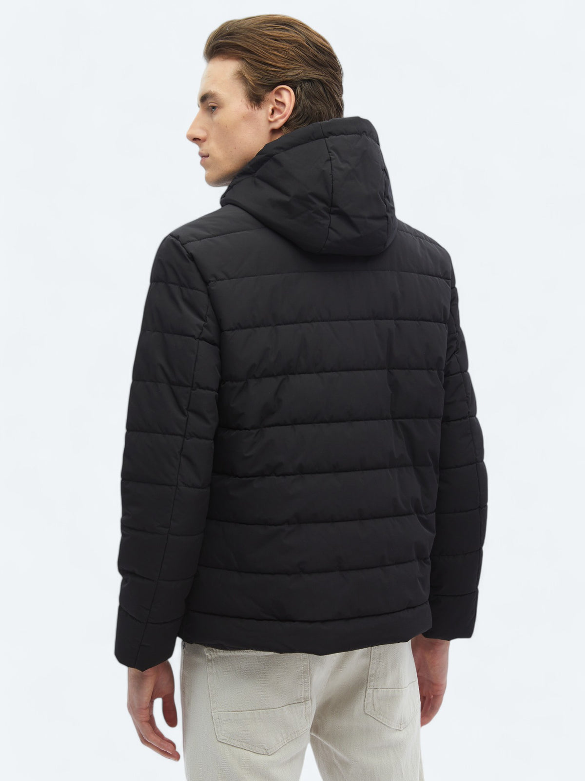 Siyah Regular Fit Kapüşonlu Casual Dokuma Mont