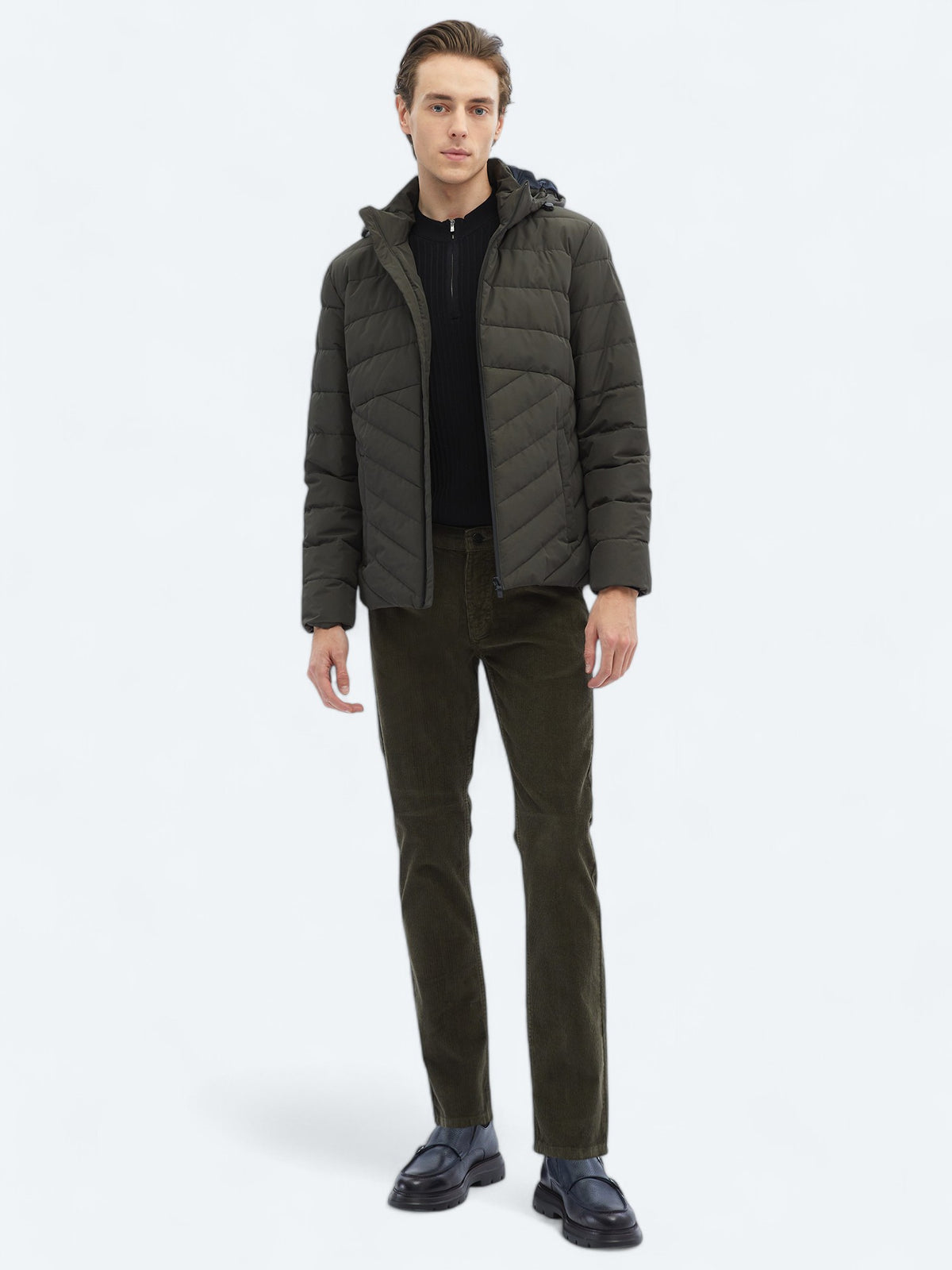 Haki Regular Fit Kapüşonlu Casual Dokuma Mont