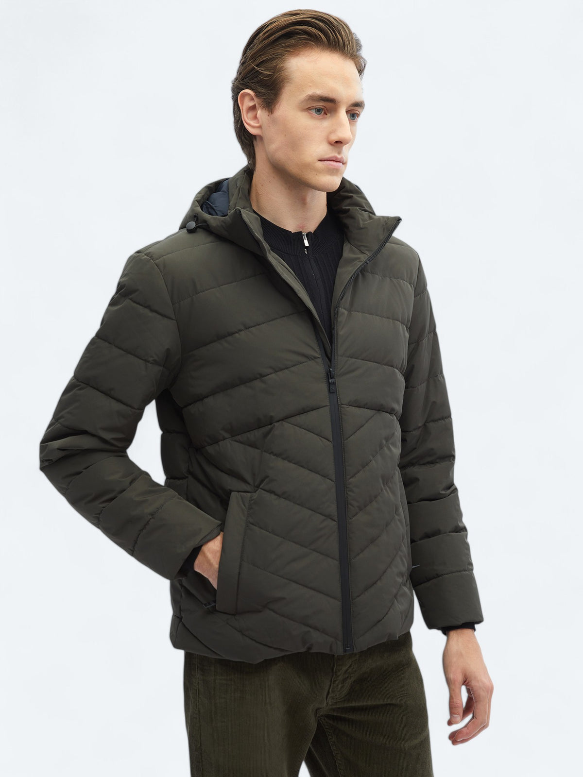 Haki Regular Fit Kapüşonlu Casual Dokuma Mont