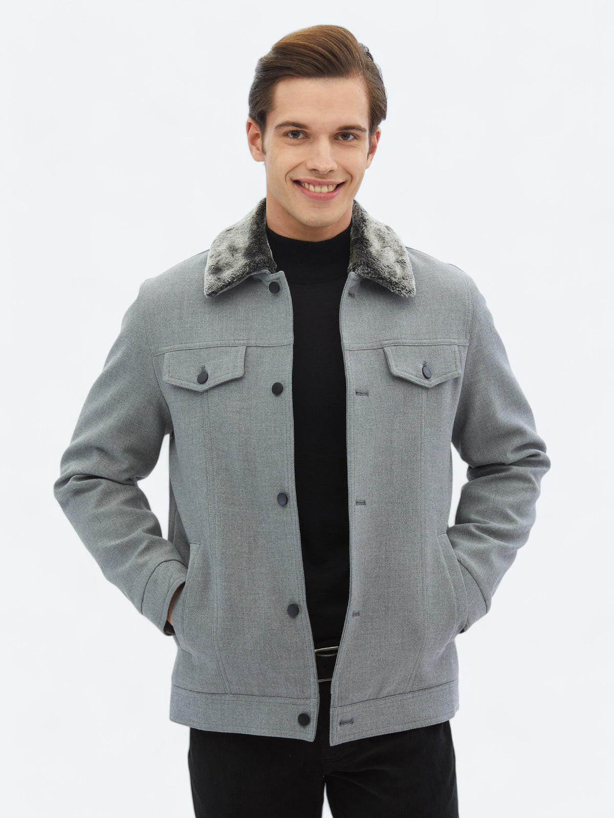 Gri Regular Fit Casual Dokuma Mont