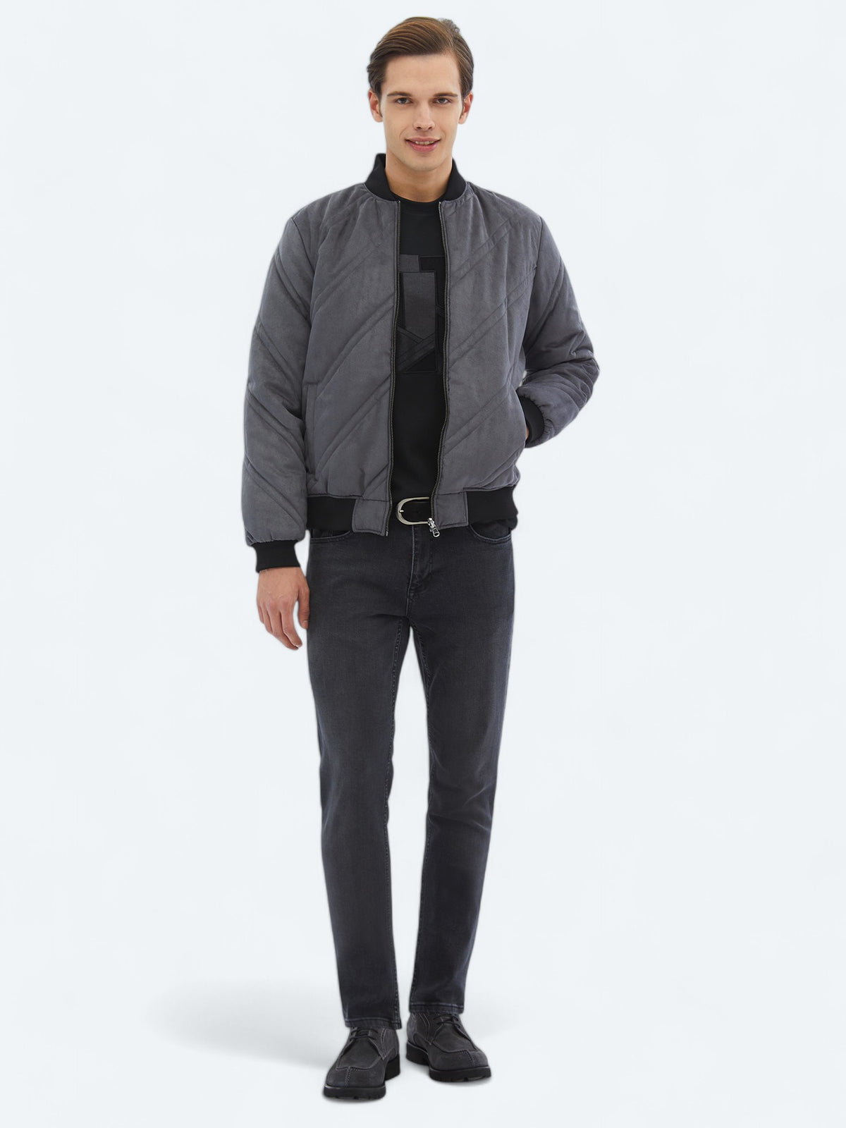 Antrasit Regular Fit Dik Yaka Casual Dokuma Mont