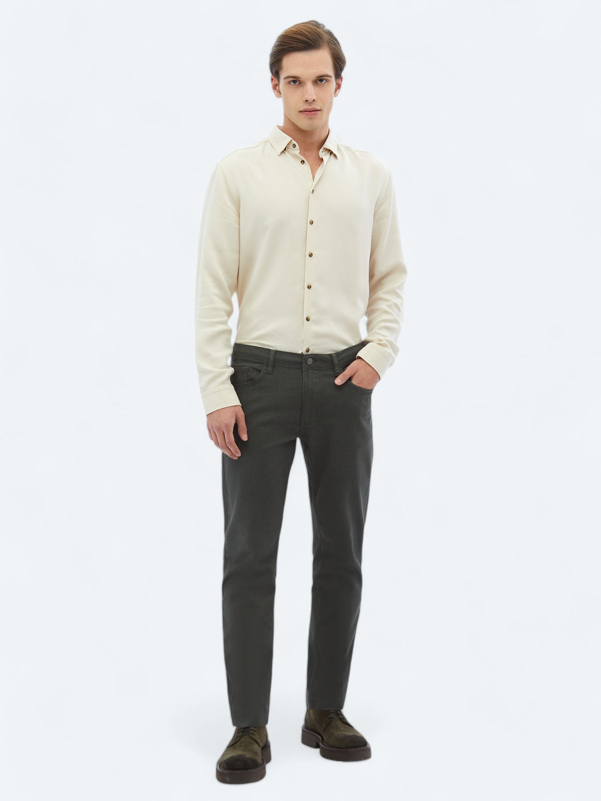 Haki Dokuma Slim Fit Casual Pamuk Karışımlı Pantolon