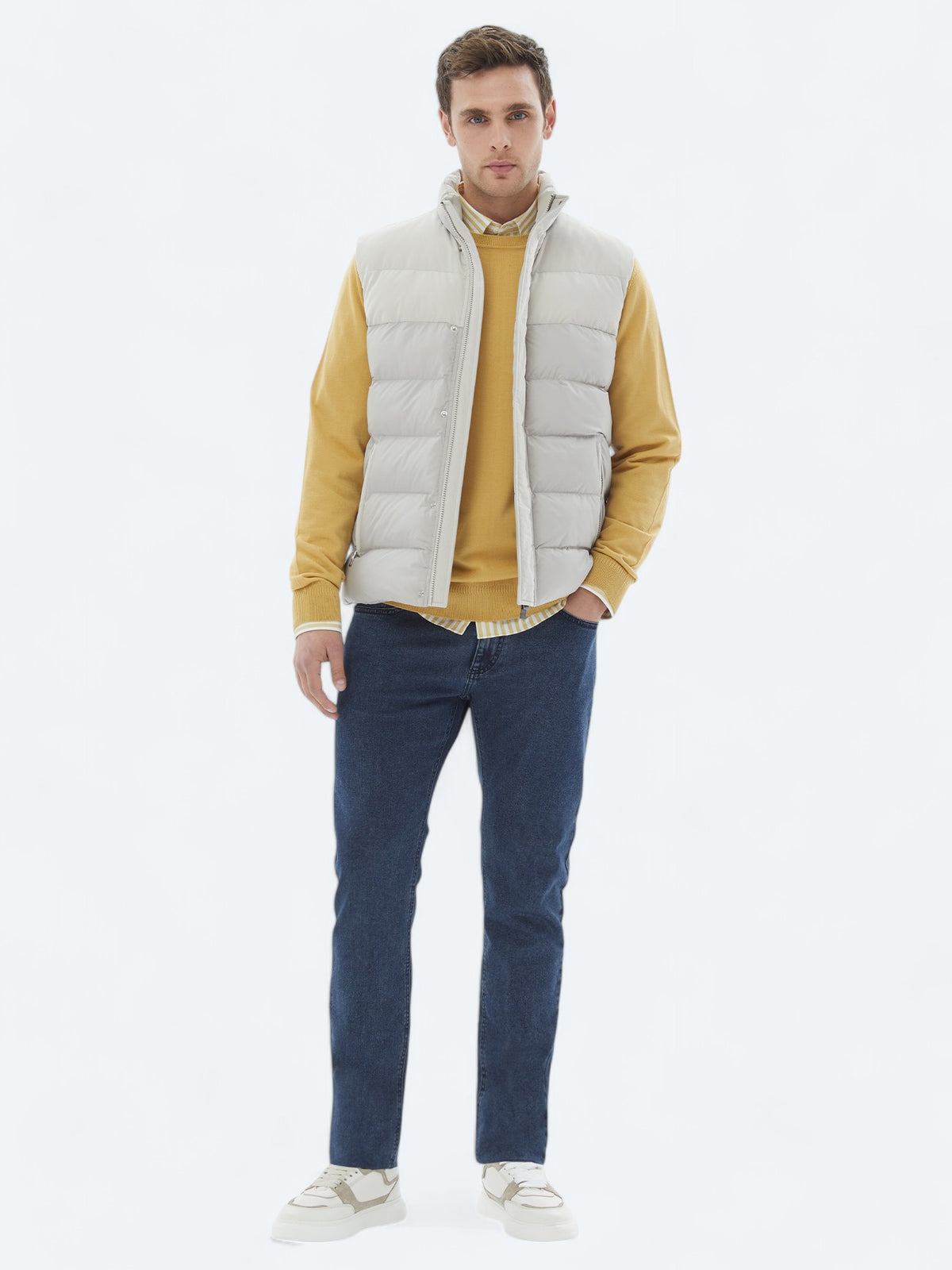 Bej Regular Fit Dik Yaka Casual Dokuma Spor Yelek