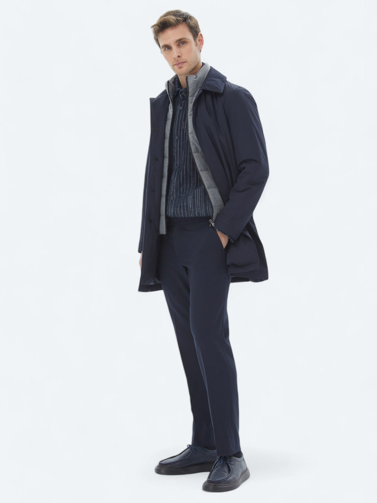 Lacivert Regular Fit Bebe Yaka Casual Dokuma Pardösü