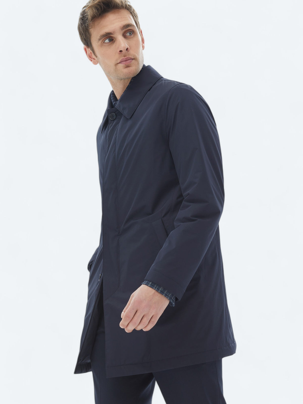 Lacivert Regular Fit Bebe Yaka Casual Dokuma Pardösü
