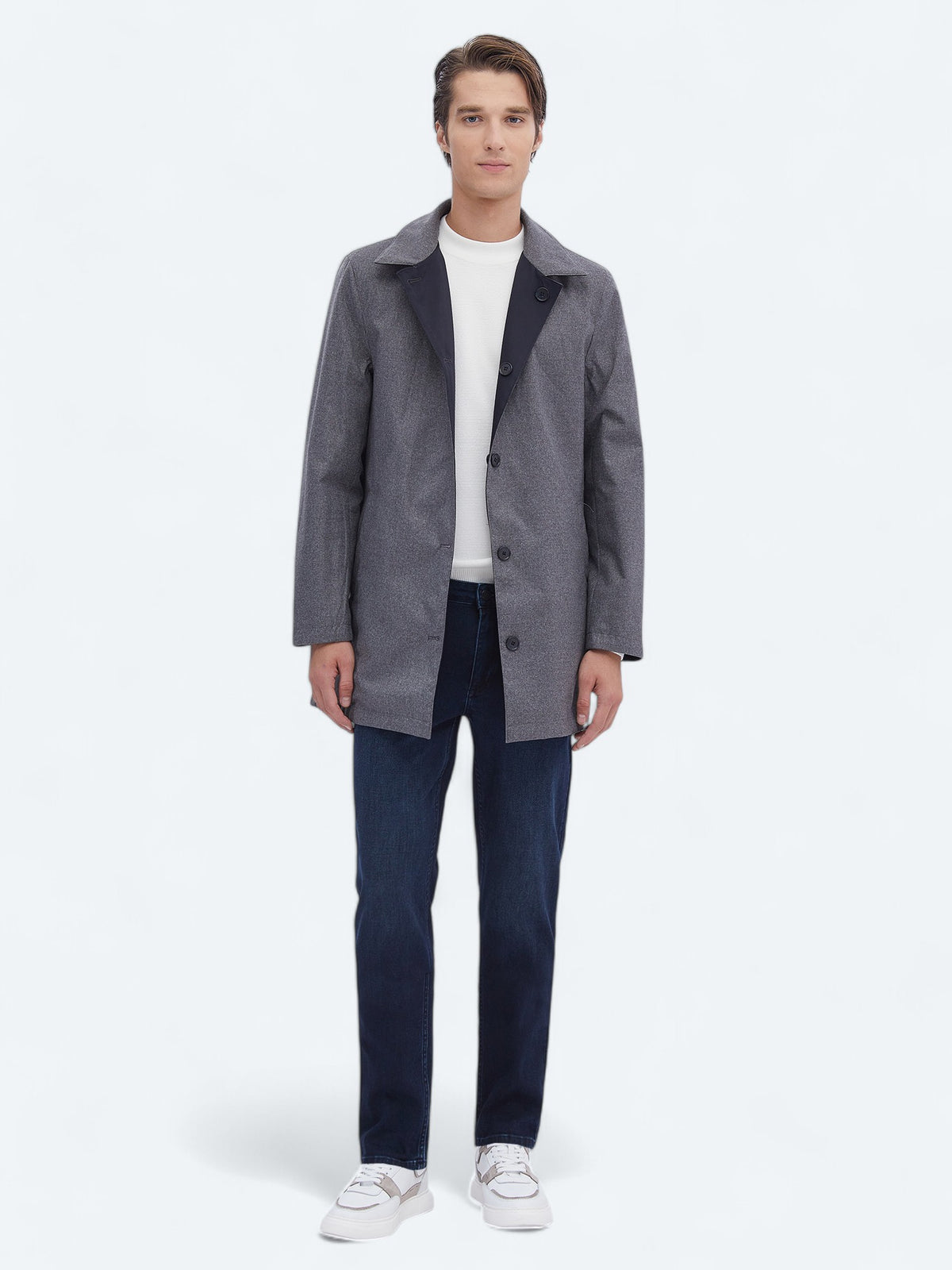 Lacivert Regular Fit Dik Yaka Casual Dokuma Pardösü