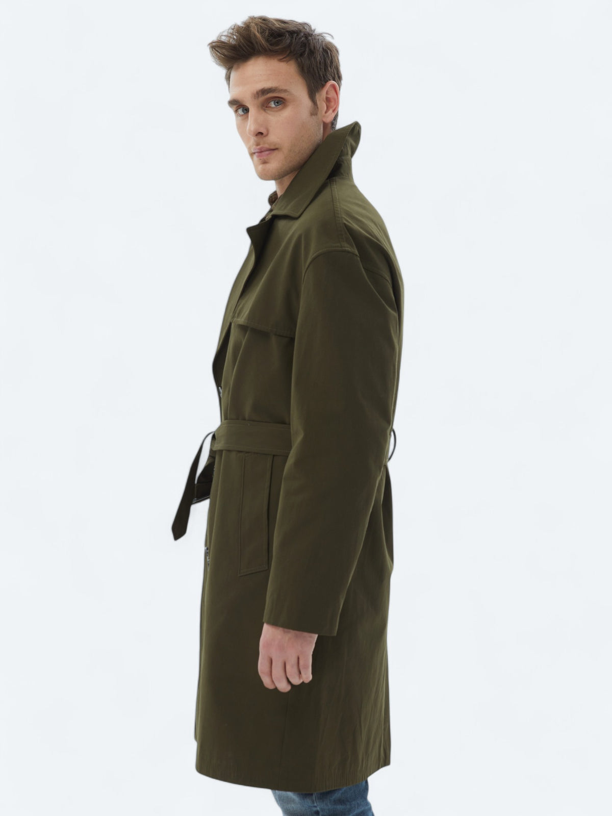 Haki Oversize Fit Kruvaze Yaka Casual Dokuma Pardösü